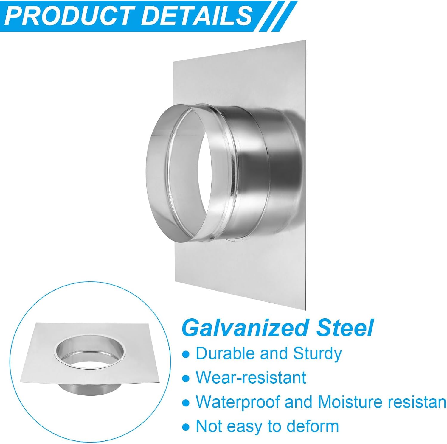 PATIKIL 8" Duct Connector Flange, Galvanized Air Ducting Mounting Plate Dryer Vent Chimney Top Plate Square to Round for Heating Cooling Ventilation HVAC Exhaust Fan Vent Systems, 14"x14"