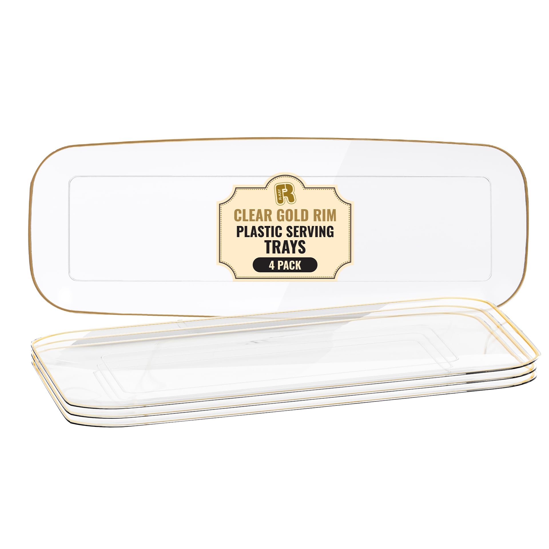 R-kay 4 Pack Plastic Serving Trays For Party - Gold Serving Tray 17 by 6.5 Inch - Heavy Duty Clear Trays For Food - Long Party Serving Trays For Entertaining - Clear Platters