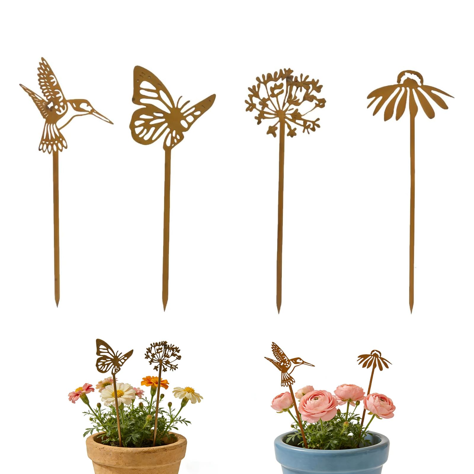 ZALAOR 4PCS Rusty Metal Garden Ornaments Decorative Stakes – Butterfly Bird and Flower Metal Garden Stakes – Garden Ornaments Outdoor Decorative Stakes for Patio Yard Lawn Pathway Planter Pots