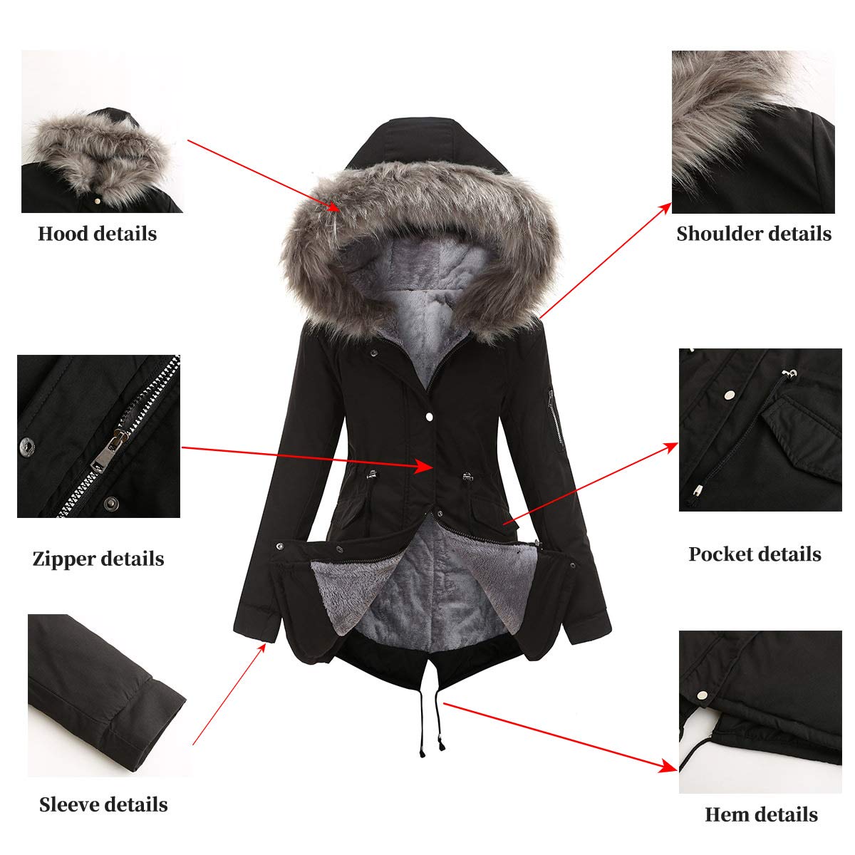 Płaszcze Parka Damskie Zimowe Termiczne Płaszcz Bawełniany Polar Długa Kurtka Z Kapturem Synthetic Futro Ciepła Kurtka Wiatroodporna Na Co Dzień Parka, Czarny (Black), XL