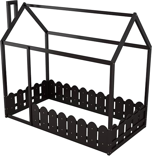 Miniatura 8 de Cama de casa de tamaño individual con valla y techo para niños, adolescentes, niñas, niños, cama de piso de madera, camas Montessori, marco de cama