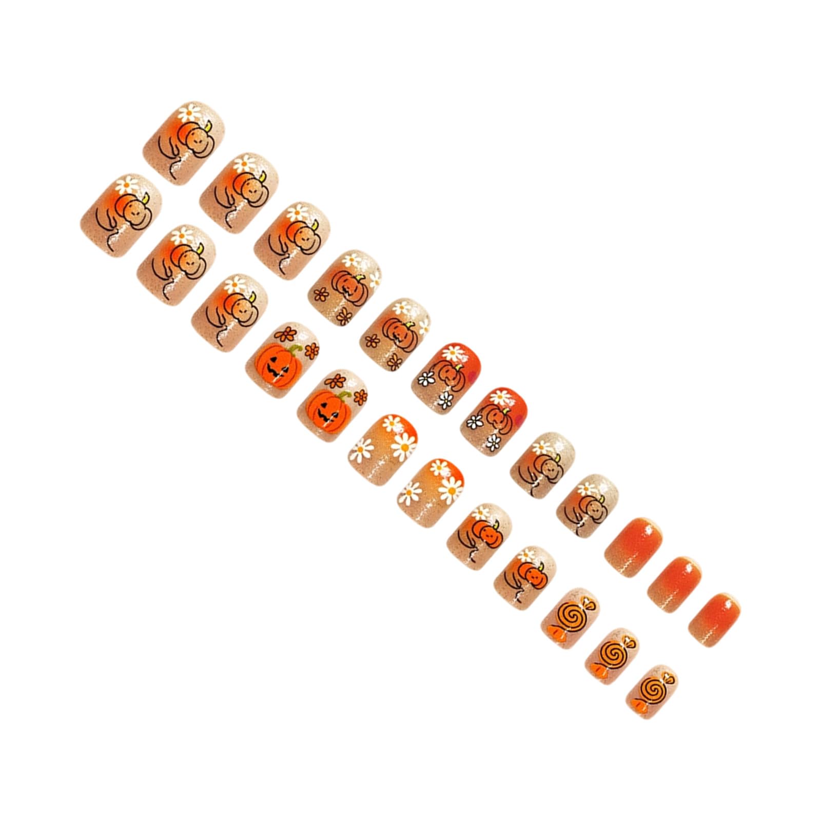 fexxkg Halloween False Tip Set with Pumpkin Floral Art, Gradient Manicure Pieces, 24 Piece ABS Set for Fall Party Styli