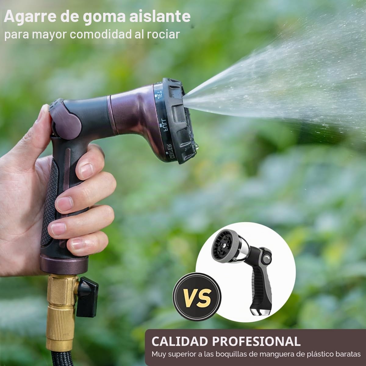 FANHAO Pistola Manguera Jardin 100% de Metal, Pistola Riego con 8 patrones de rociado,boquilla pulverizadora de alta presión con control con el pulgar y válvula de cierre para regar césped-Bronce