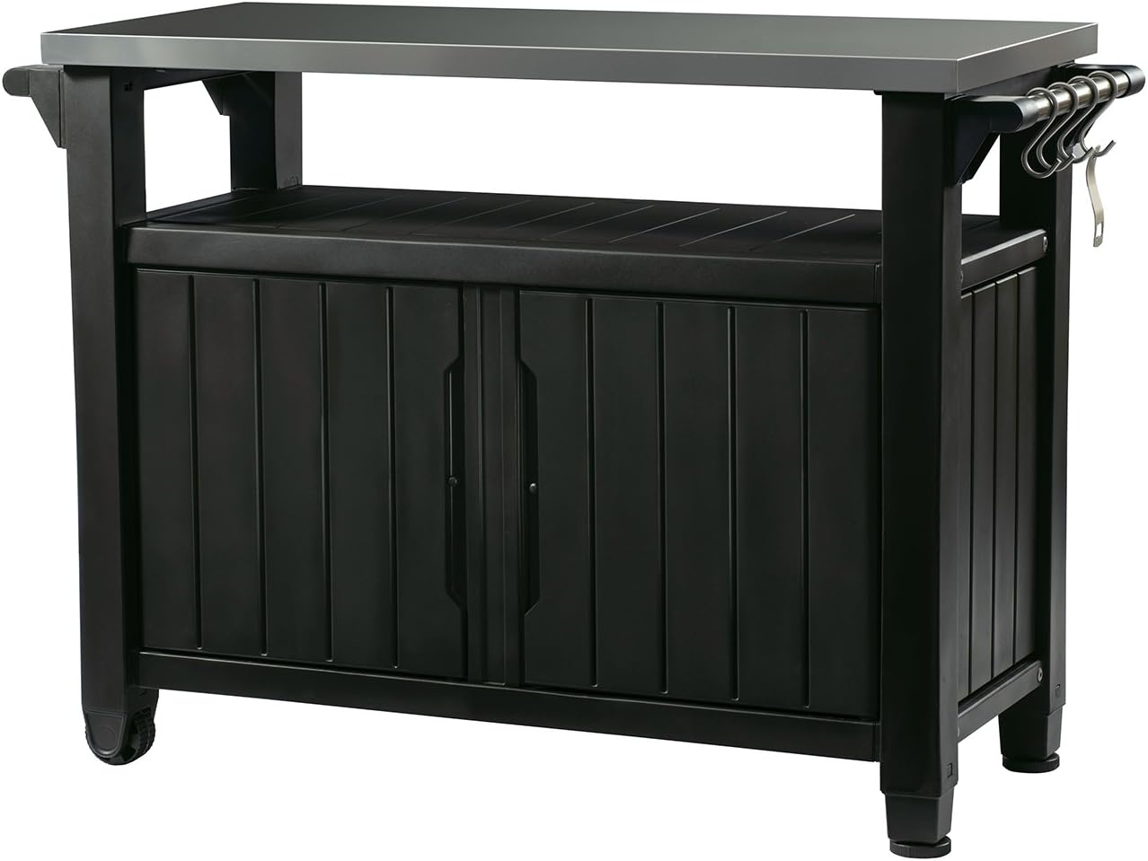 Keter Unity XL Portable Outdoor Table with Storage Cabinet and Stainless Steel Top
