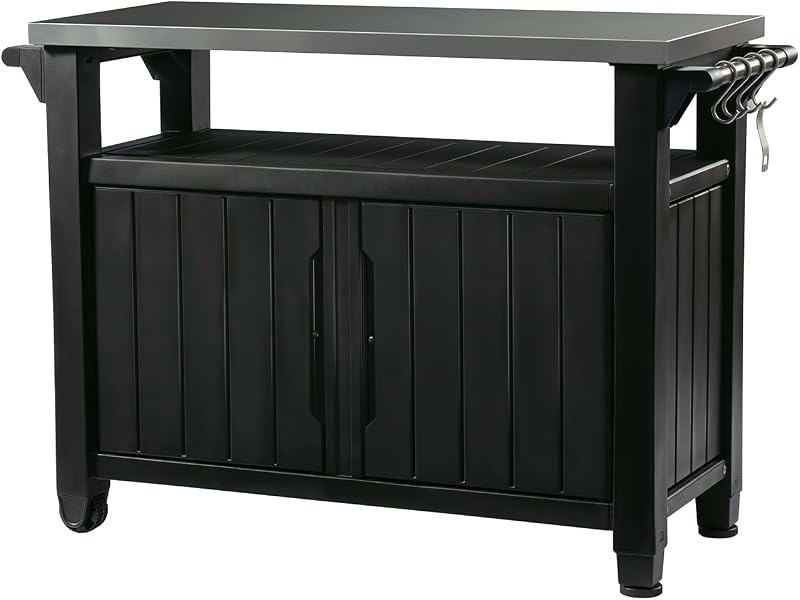 Unity XL Portable Outdoor Table with Stainless Steel Top for Kitchen Prep and Outdoor Storage Cabinet for Grilling Accessories, Dark Grey