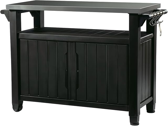 Keter Unity XL Portable Outdoor Table with Stainless Steel Top for Kitchen Prep and Outdoor Storage Cabinet for Grilling Accessories, Dark Grey