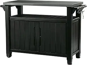 Keter Unity XL Portable Outdoor Table with Stainless Steel Top for Kitchen Prep and Outdoor Storage Cabinet for Grilling Accessories, Dark Grey