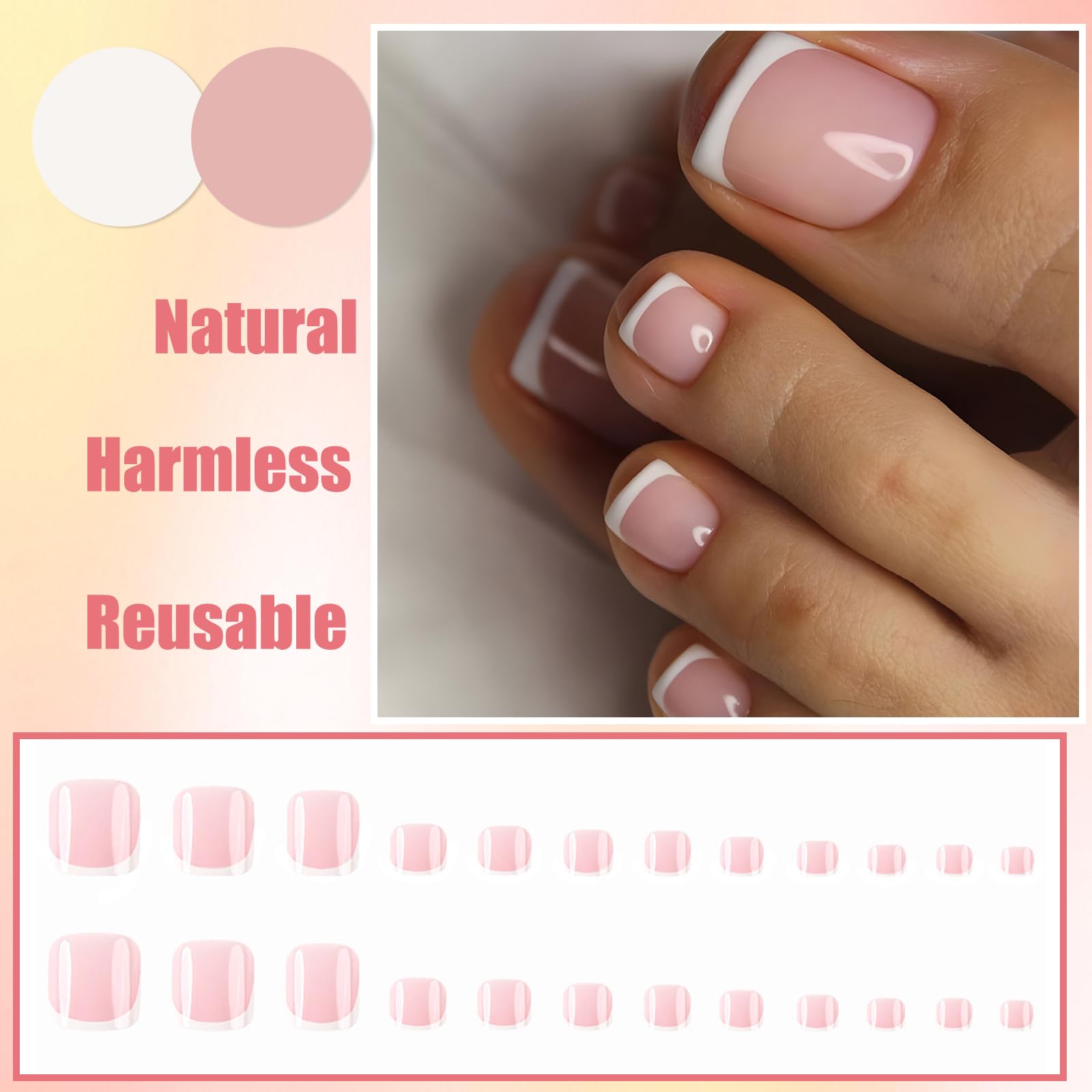 24Pcs Pink White Press on Toenails, Short Square French Tip False Toenails, Full Cover Acrylic Fake Toe Nails - Image 2