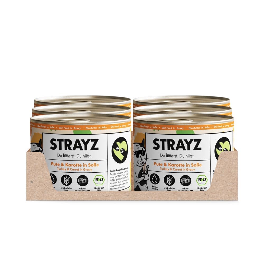 STRAYZ - Bio Katzenfutter in Soße - Pute & Karotte: Getreidefreies Katzenfutter hoher Fleischanteil ohne Zucker - Spendet für Straßenkatzen (6x200g)
