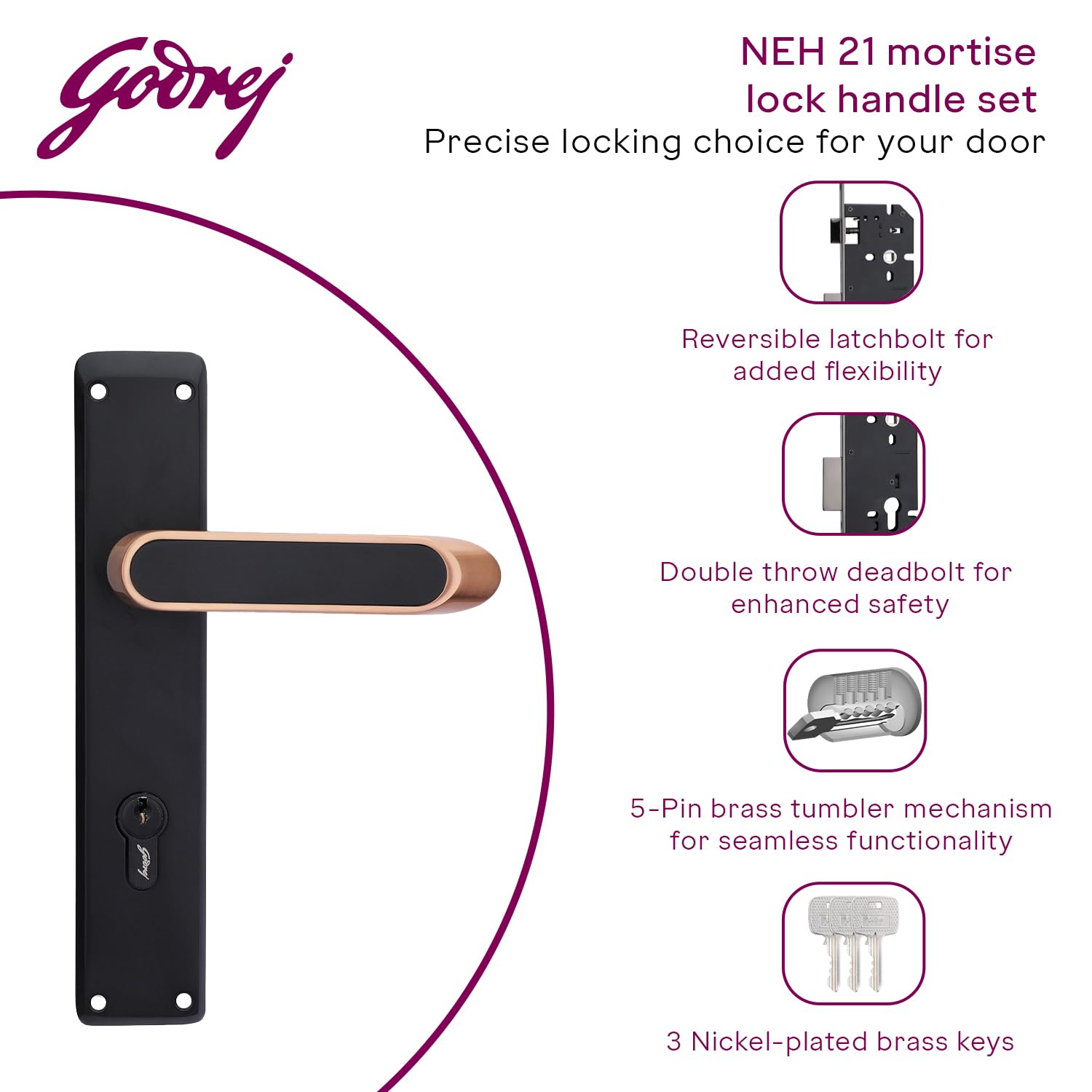 Godrej Mortise Lock|Handle Lock Set for Main & Internal Doors of Home & Office|NEH 21|Antique Brass Finish|10 Inch Lock Body | 60mm Cylinder, Outside Key & Inside Knob Operation|3 Keys|1Year Warranty — Amazon image 4
