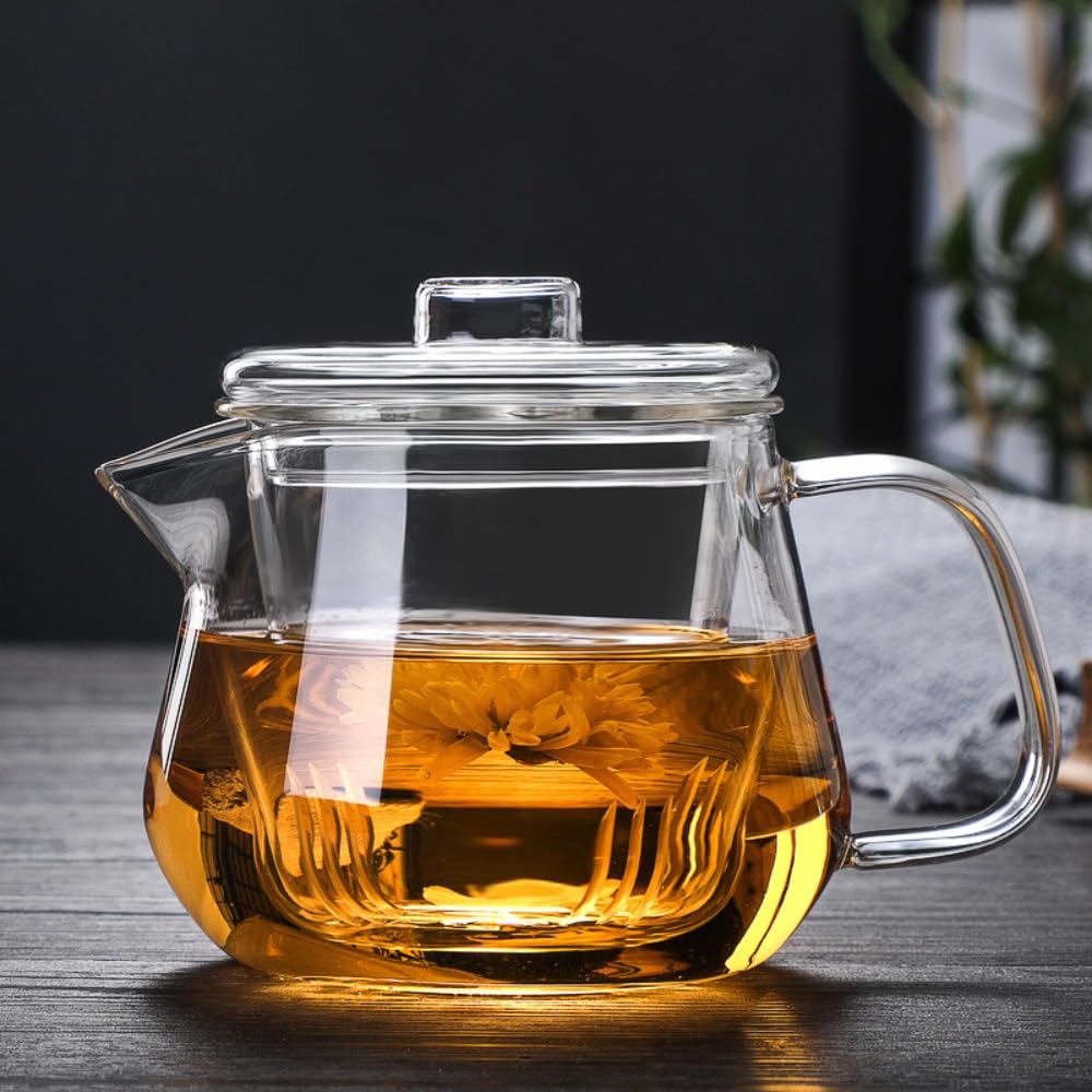 Glas-Teekanne mit Teesieb und Deckel, transparenter Teekessel für losen Tee, Kräuter- und Früchtetee, Heiß- oder Eistee, hitzebeständig und tropffreier Ausguss (500 ml)