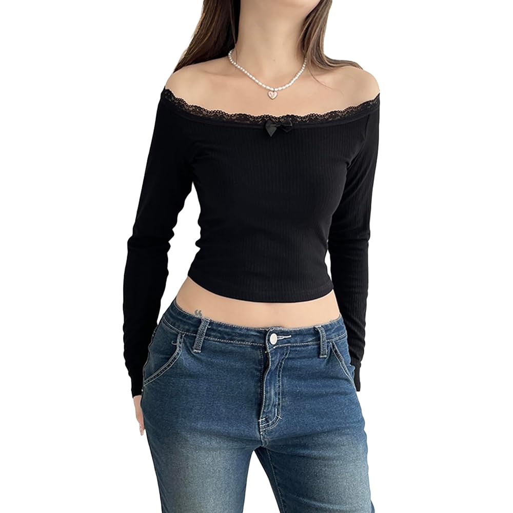 Women Sexy Floral Lace Off-Shoulder Shirt Long Sleeve Top