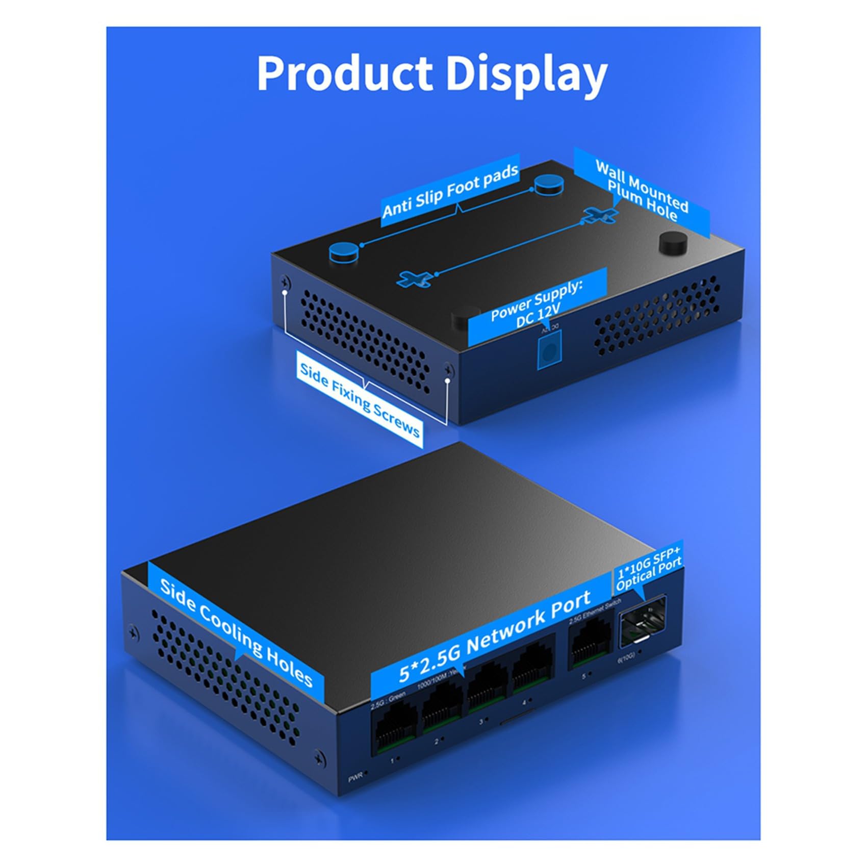 3X Switch 2,5G Commutateur Réseau 5 Ports 2500 Mbps avec 10G SFP+ Auto/MDIX Brancher et Utiliser Commutateur Ethernet Non Géré Prise UE