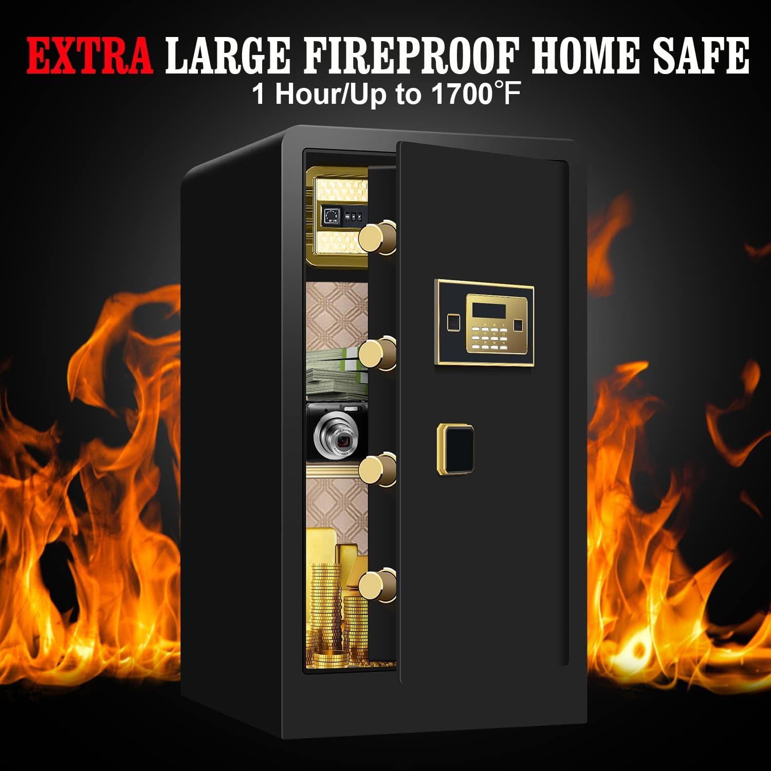Extra Large Fireproof Home Safe with fire effects around it.