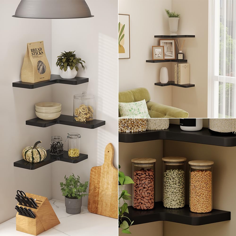 Vicco Estantería esquinera Curva, Negro, 40.5 x 2.5 cm Lote de 3, Apto para Montaje en Pared para un Almacenamiento Que Ahorra Espacio