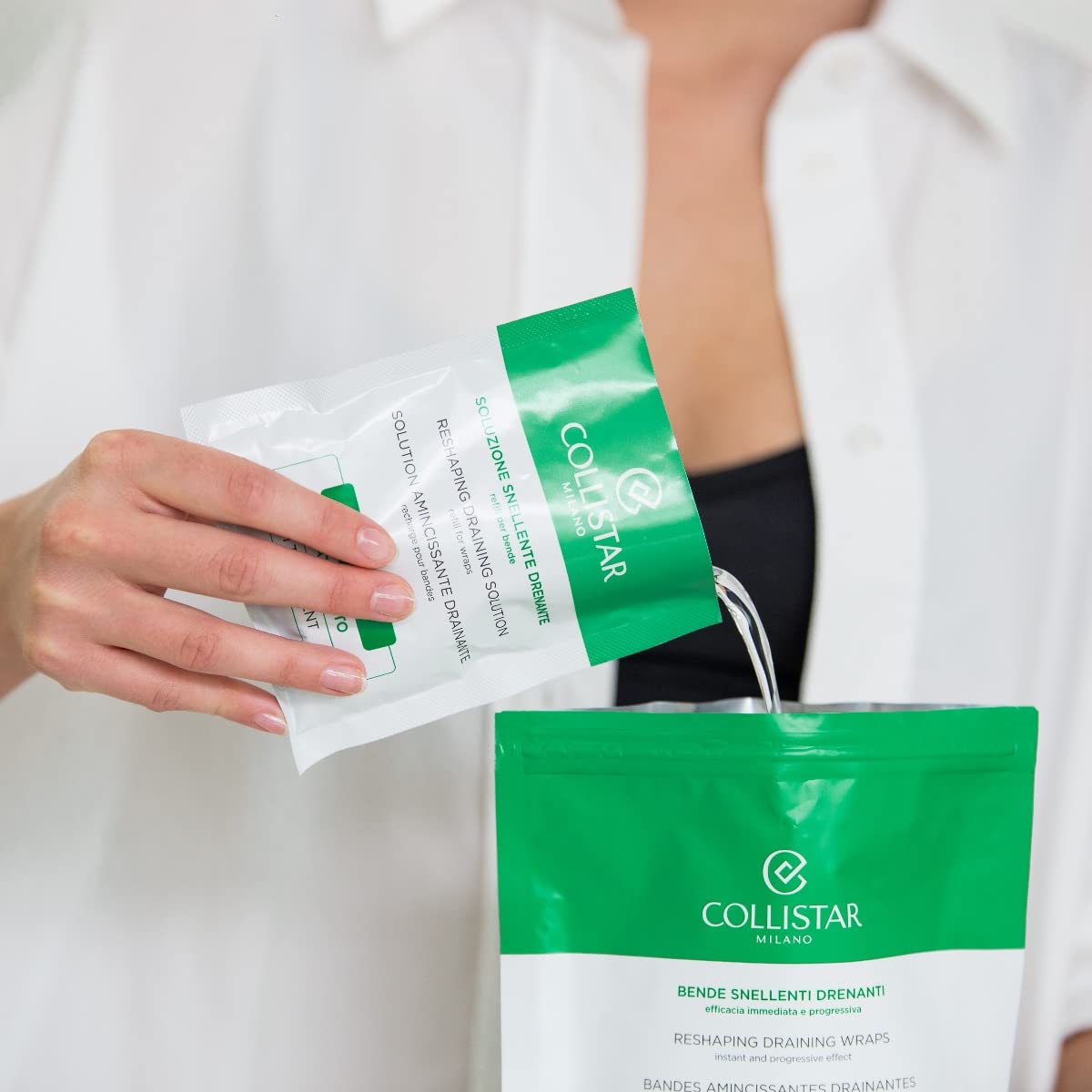 Collistar Soluzione Snellente Drenante, il Kit contiene 4 Buste Refill Monodose da 100 ml per ricaricare le Bende per altre sedute di trattamento