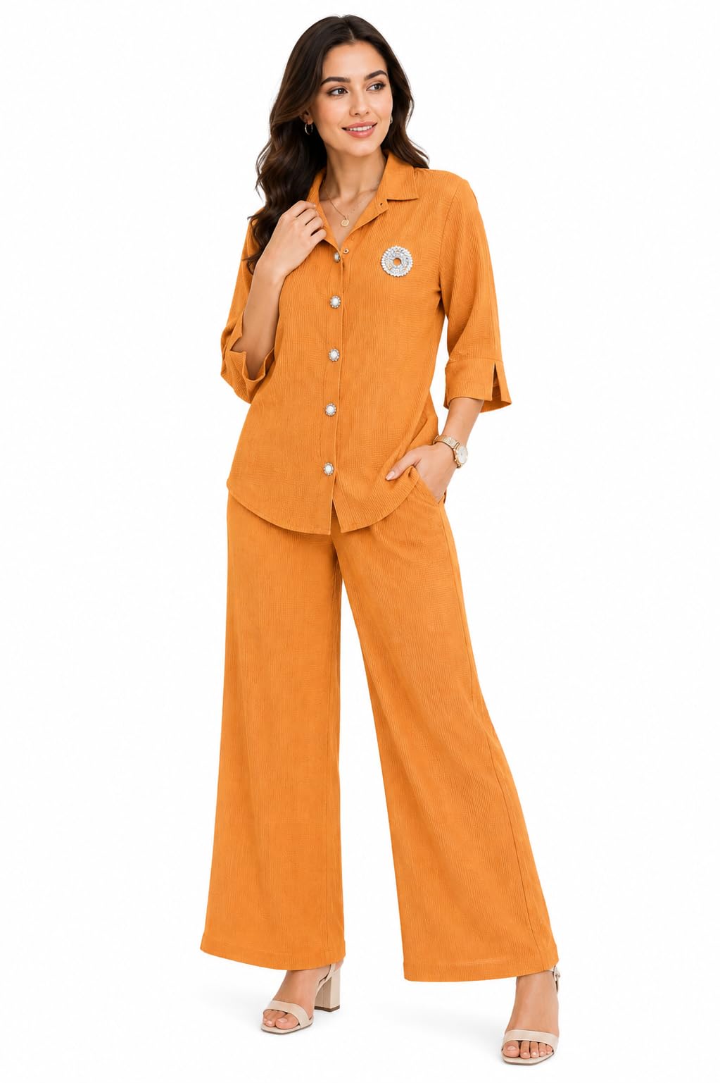 Women Fluffy Fabric Co-ord Set | Long Sleeve Shirt & Palazzo Pant | Premium Knit Semi Winter Outfit-image-48