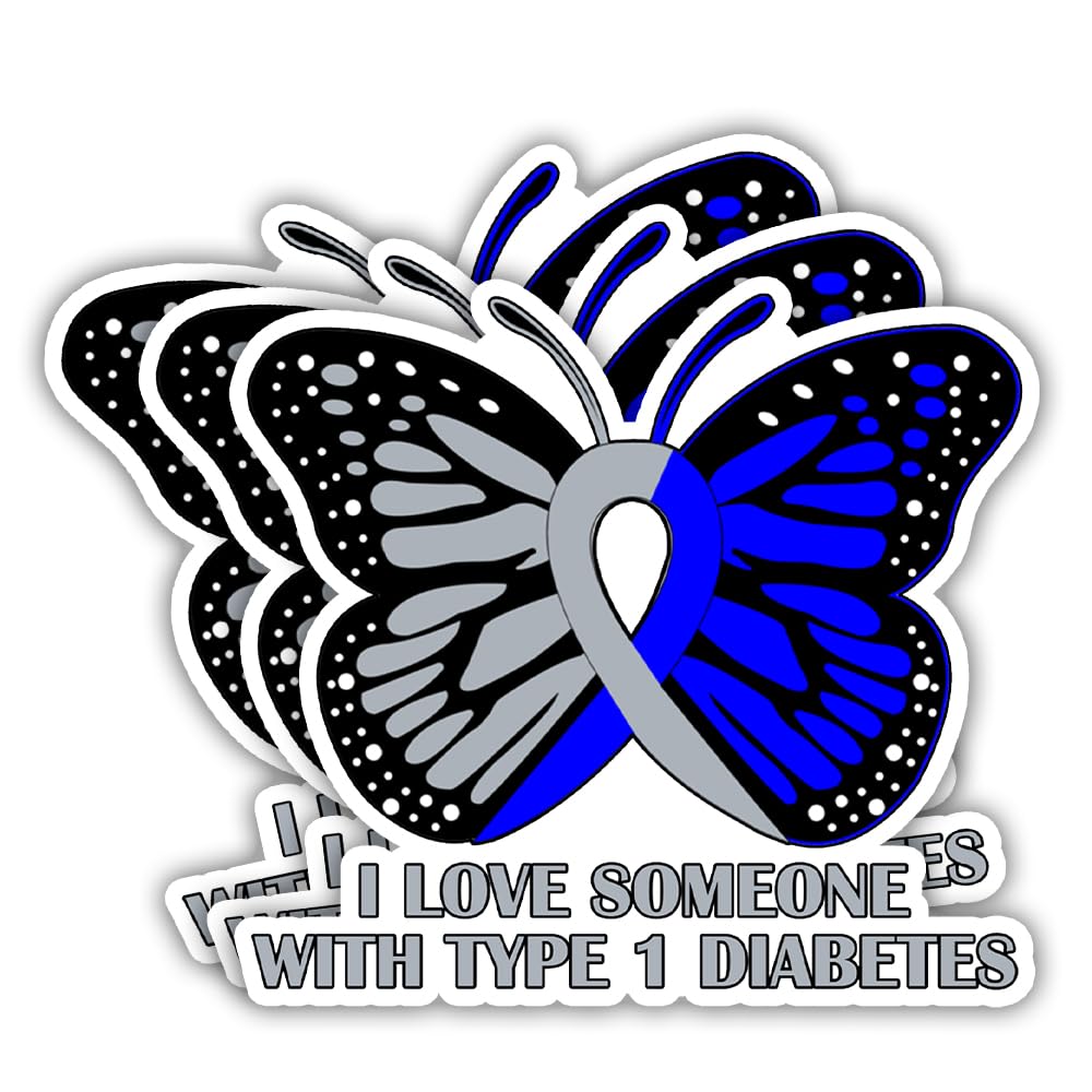 SODAVA 3Pcs I Love Someone with Type 1 Diabetes Sticker, T1D Diabetes Awareness Blue Gray Ribbon Butterfly Stickers for Laptop Water Bottle Phone Accessory Boat Car Bumper Window Helmet, Sticker