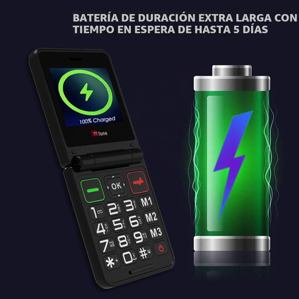 TTfone TT660 - Teléfono móvil abatible para Personas Mayores, diseño Plegable, Botones Grandes, Asistencia de Emergencia, batería de Larga duración, Pago por Uso (EE PAYG, Negro, con Cargador de Red)