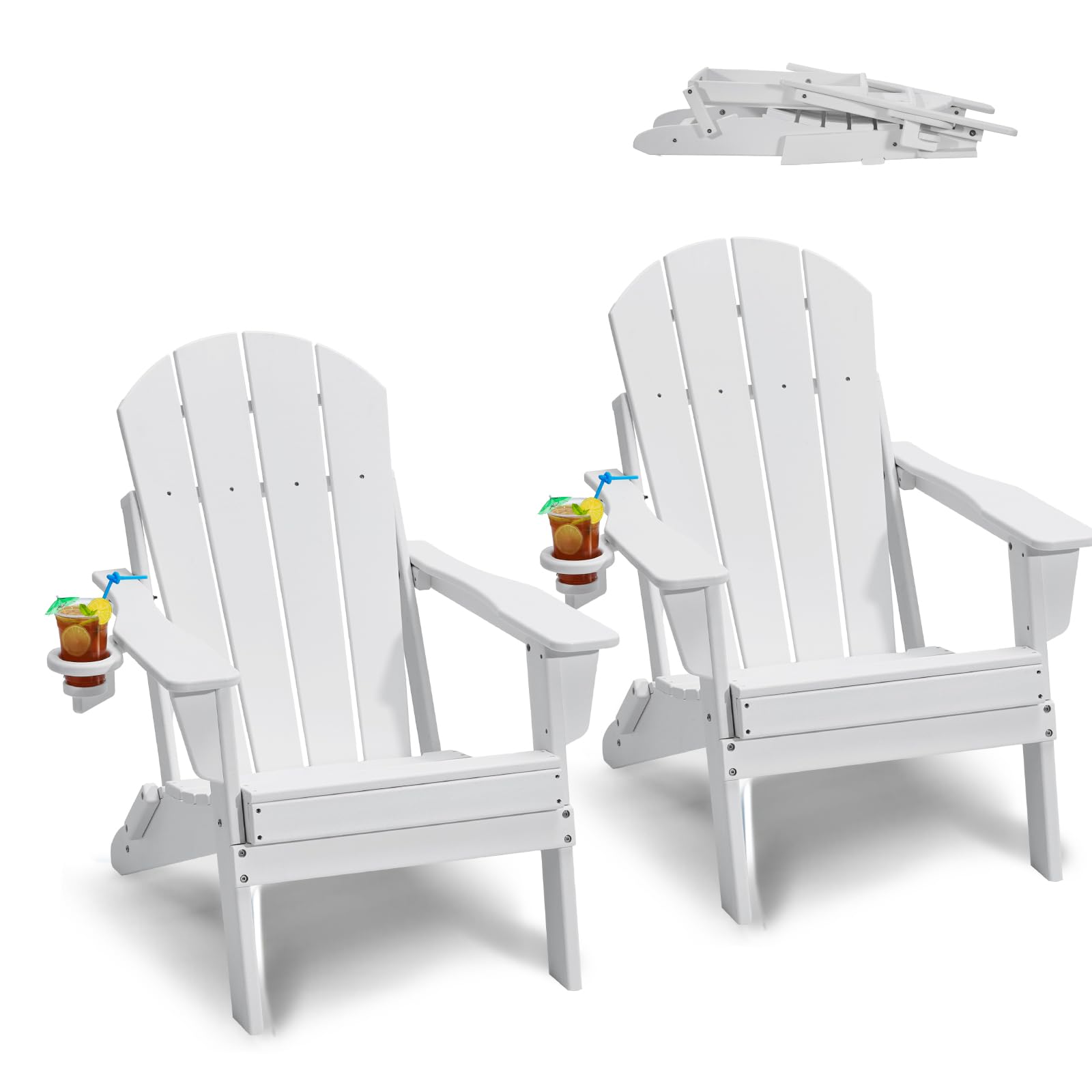 VEVOR 2 Juegos de Sillas Adirondack de Plástico Plegables y Portátiles de 800 x 755 x 915 mm para Exteriores, con Portavasos, Reposabrazos Relajante y Ergonómico para Jardín, Patio Trasero, Blanco