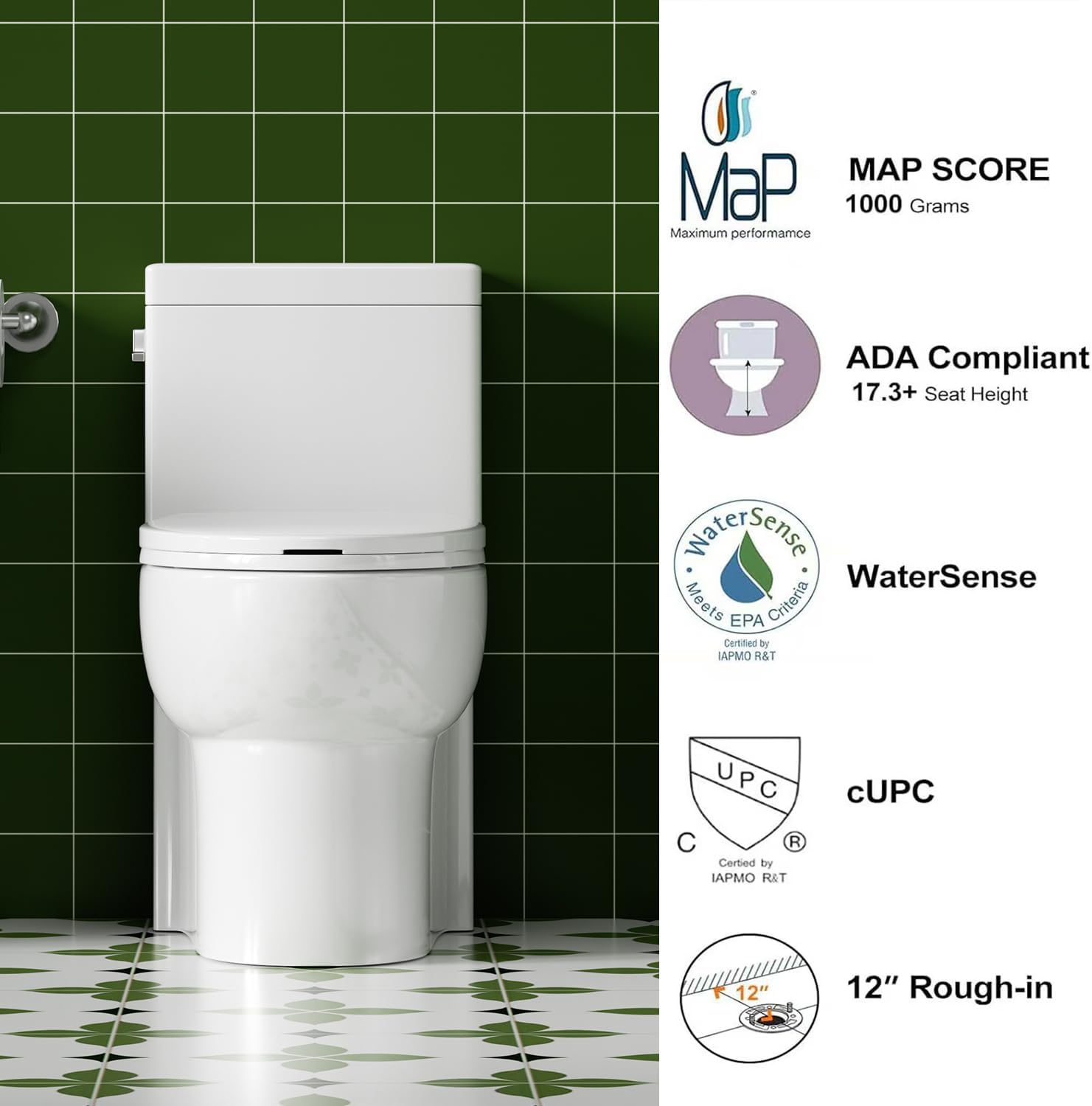 Elongated One Piece Toilet with Left-Hand Trip Lever, ADA Comfort Height, Seat Chair Height 17.3" Modern Toilet for Bathroom, 1.28 GPF, MAP 1000g, 12" Rough-In, Soft Closing Seat