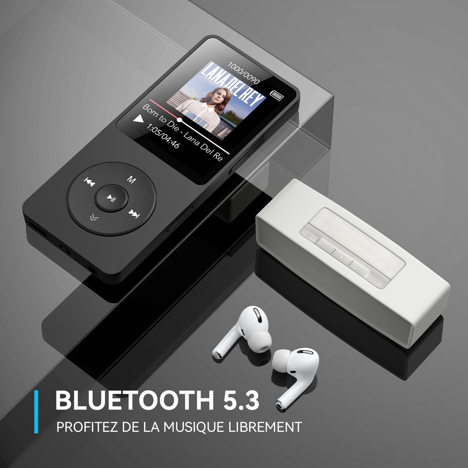 AGPTEK Lecteur MP3 Bluetooth 5.3 32Go HiFi sans Perte 70H Autonomie Baladeur Portable Radio FM Enregistrement