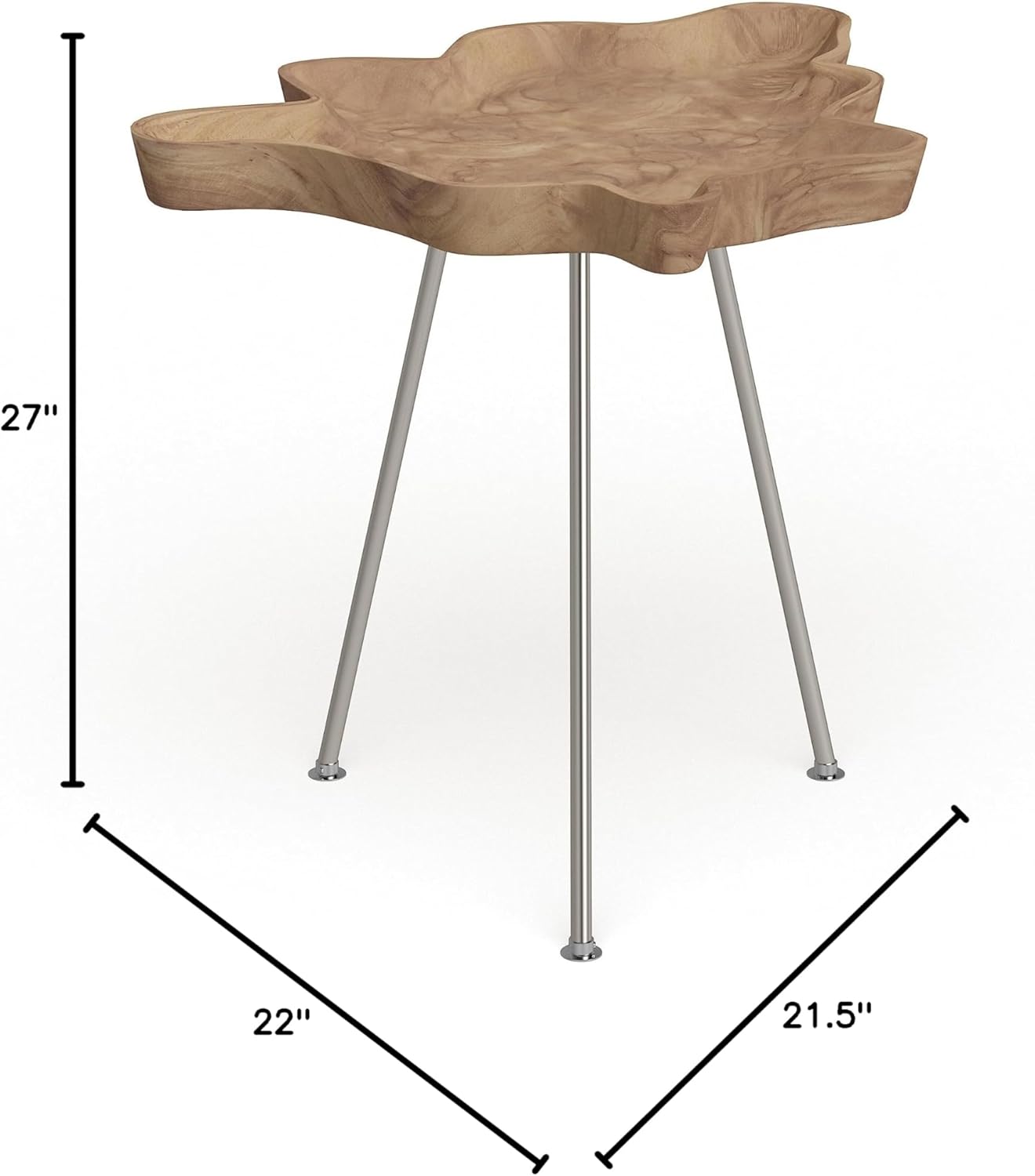 Abstract Teak Wood Accent Table with Silver Metal Legs