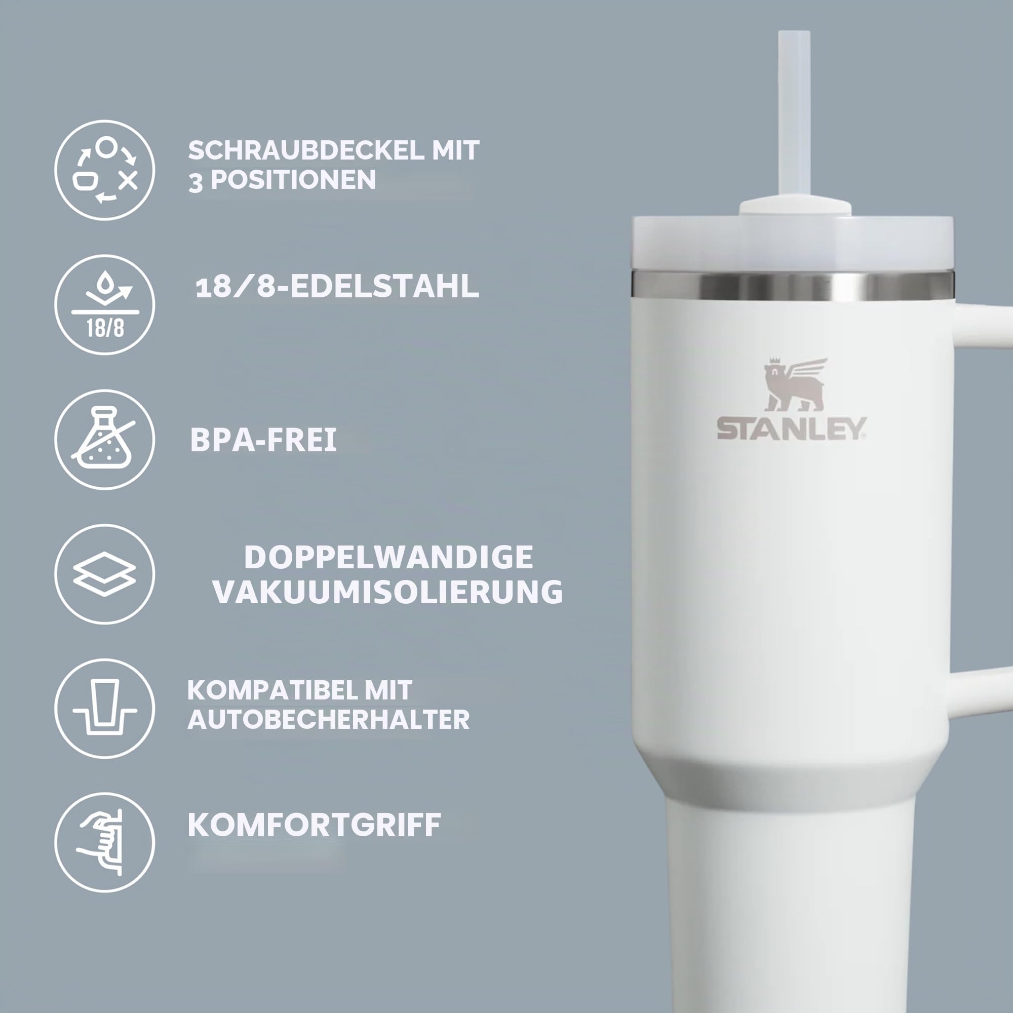 STANLEY Quencher H2.0 FlowState Edelstahl-Vakuum-isolierter Becher mit Deckel und Strohhalm für Wasser, Eistee oder Kaffee, Smoothie und mehr, Rosenquarz-Glühen, 590 ml