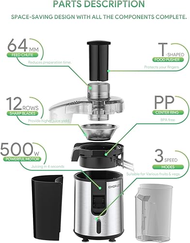 Miniatura 8 de Máquina exprimidora, exprimidor de 500 W para frutas y verduras, exprimidor centrífugo compacto con ajuste de 3 velocidades, fácil de limpiar, acero