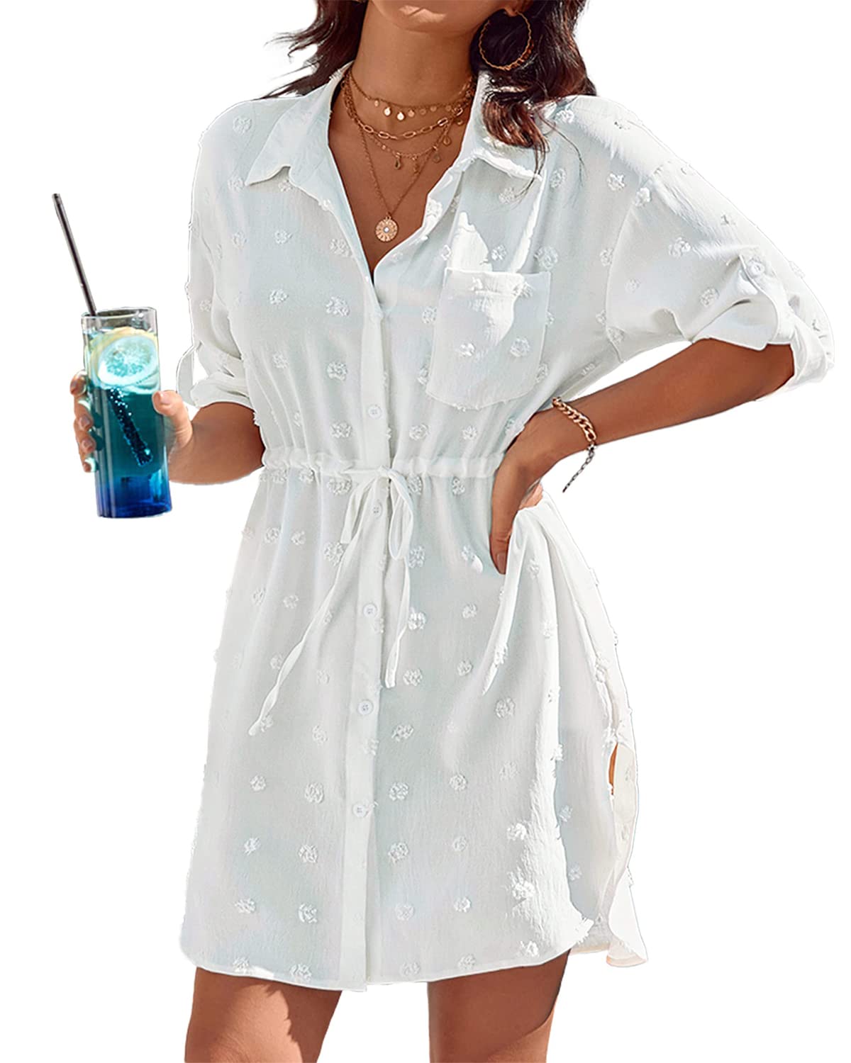 Rayson Camisa Suelto de Bikini Mujer Vestidos Verano para Mujer Botón de Bolsillo Camisa de Playa Cuello en V Manga 3/4 Cárdigan Cover Up