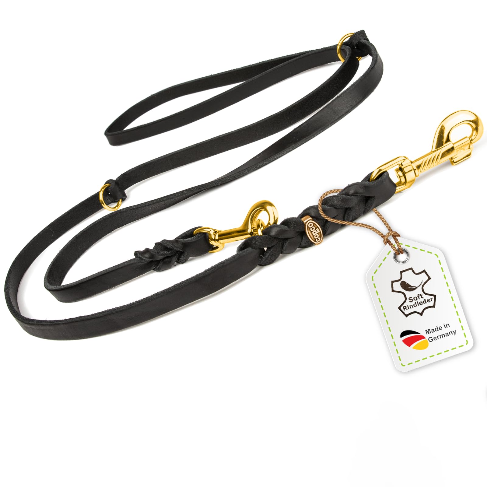 CopcoPet - Correa Trenzada de Piel Engrasada para Perros, 3 Posiciones, con Mosquetón de Latón