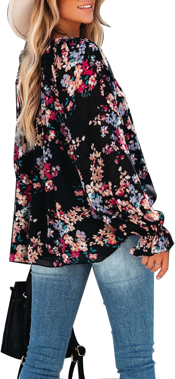 MLEBR Womens Tops Winter Loose V Neck Long Sleeve Blouses Tops Blooming Floral Printed Flowy Tunics Shirts for Women Black S - Image 6