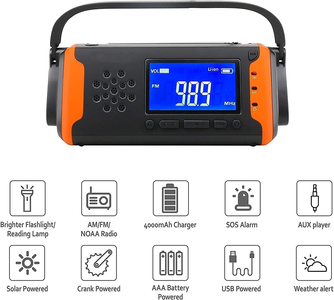 Radio d'urgence, Radio solaire portable multifonction Fm/Am Radio météo, avec écran LCD, charge USB, alimentation par batterie 4000 mAh, torche LED, utilisation d'urgence for la maison et l'ext