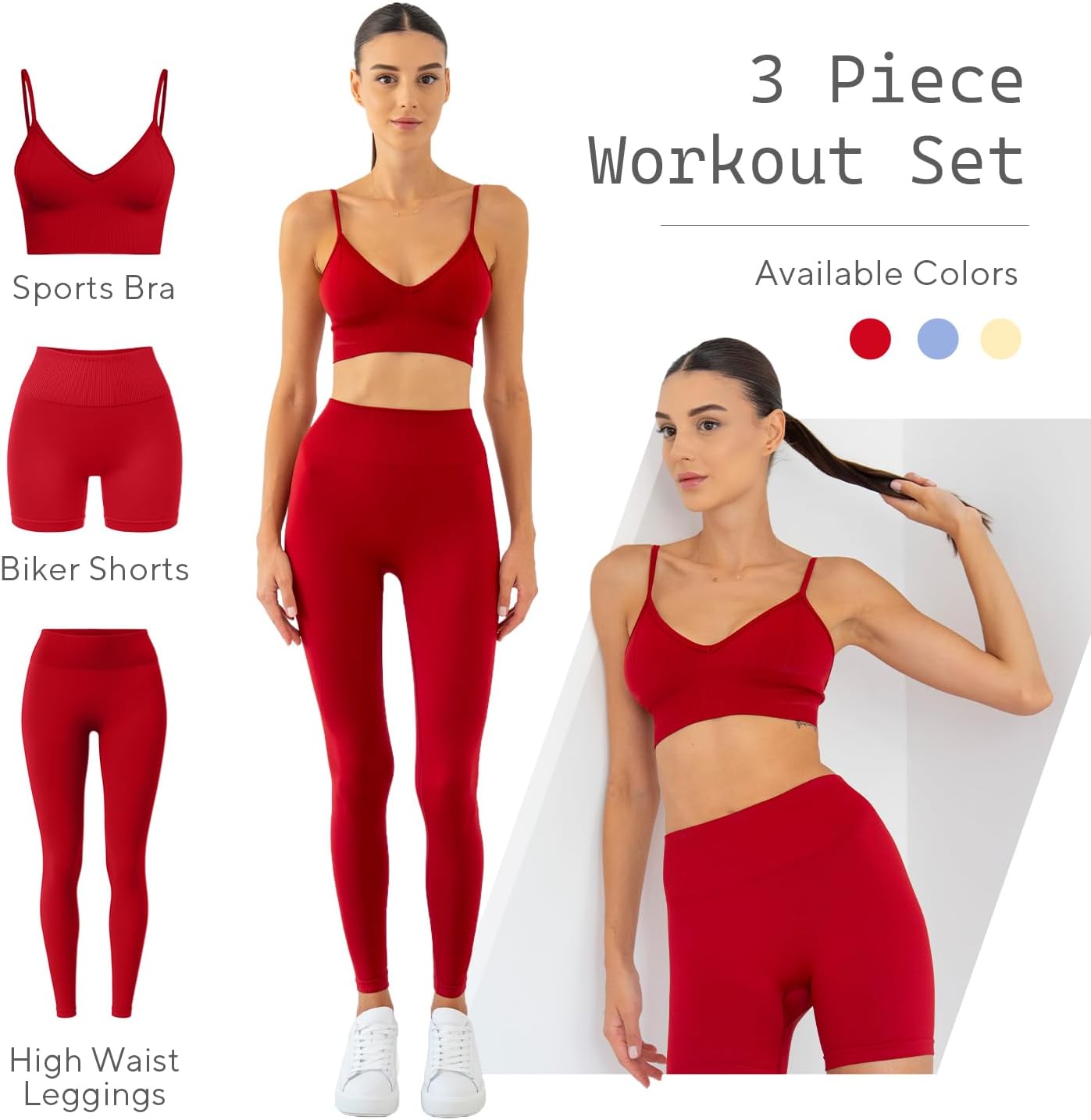 LUVAE 3 Piece Workout Set - Seamless Biker Short, High-Waist Leggings, Activewear Sports Bra Set for Gym Yoga Running Tennis - Image 3