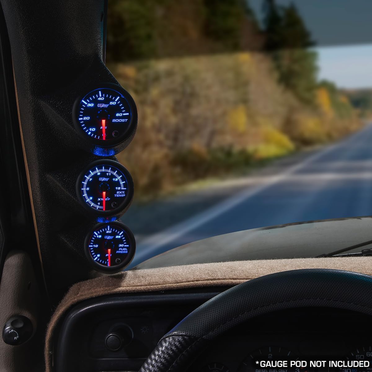 GlowShift Tinted 7 Color Diesel Truck 3 Gauge Kit Set - 60 PSI Boost - 1500 F Pyrometer Exhaust Gas Temp EGT - 30 PSI Fuel Pressure - Black Dial - Smoked Lens - 2-1/16" 52mm