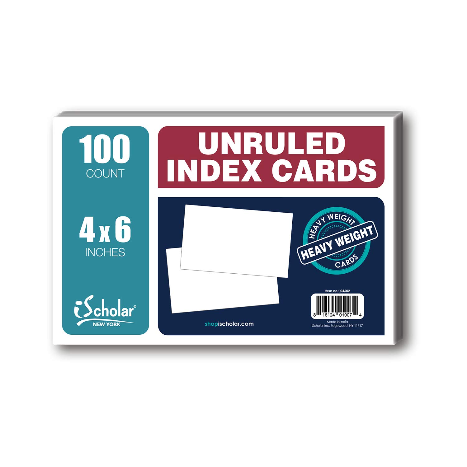 iScholar Index Cards, White, Unruled, 4 x 6 Inches, 100 Card Pack (04602)