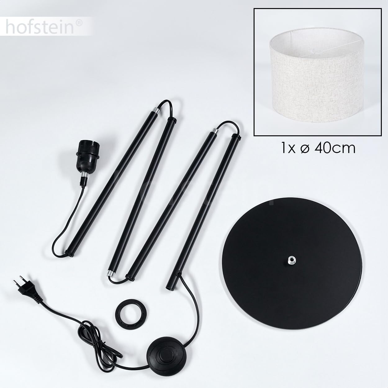 Stehleuchte Bassagoda, Stehlampe aus Metall/Stoff in Schwarz/Beige, Leuchte im skandinavischen Design mit rundem Schirm (Ø 40 cm) u. Fußschalter, Höhe 158 cm, 1 x E27, ohne Leuchtmittel