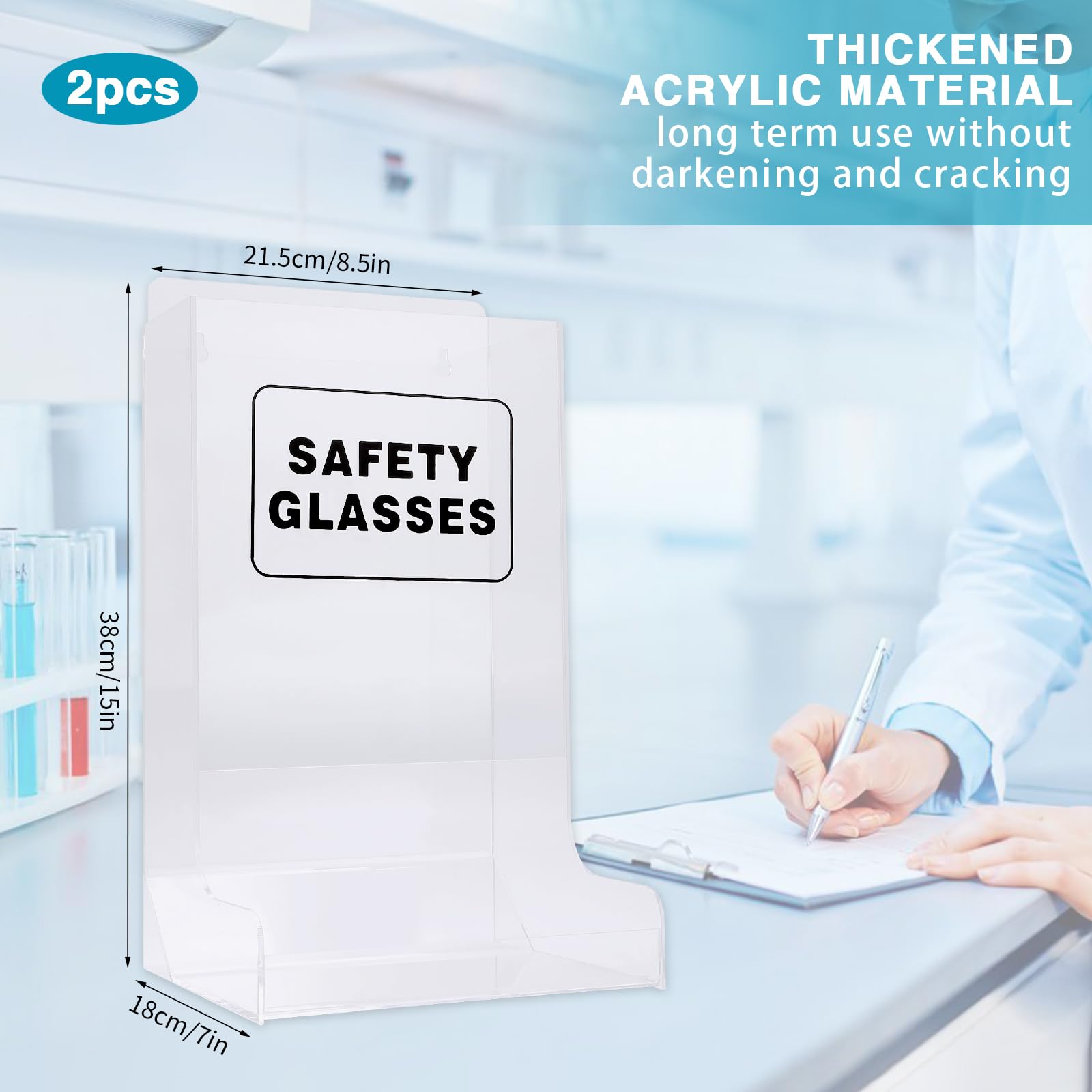 Lot de 2 étuis à lunettes de sécurité en acrylique, fixation murale et design transparent, idéal pour ranger les lunettes jetables des visiteurs dans les environnements industriels, dentaires