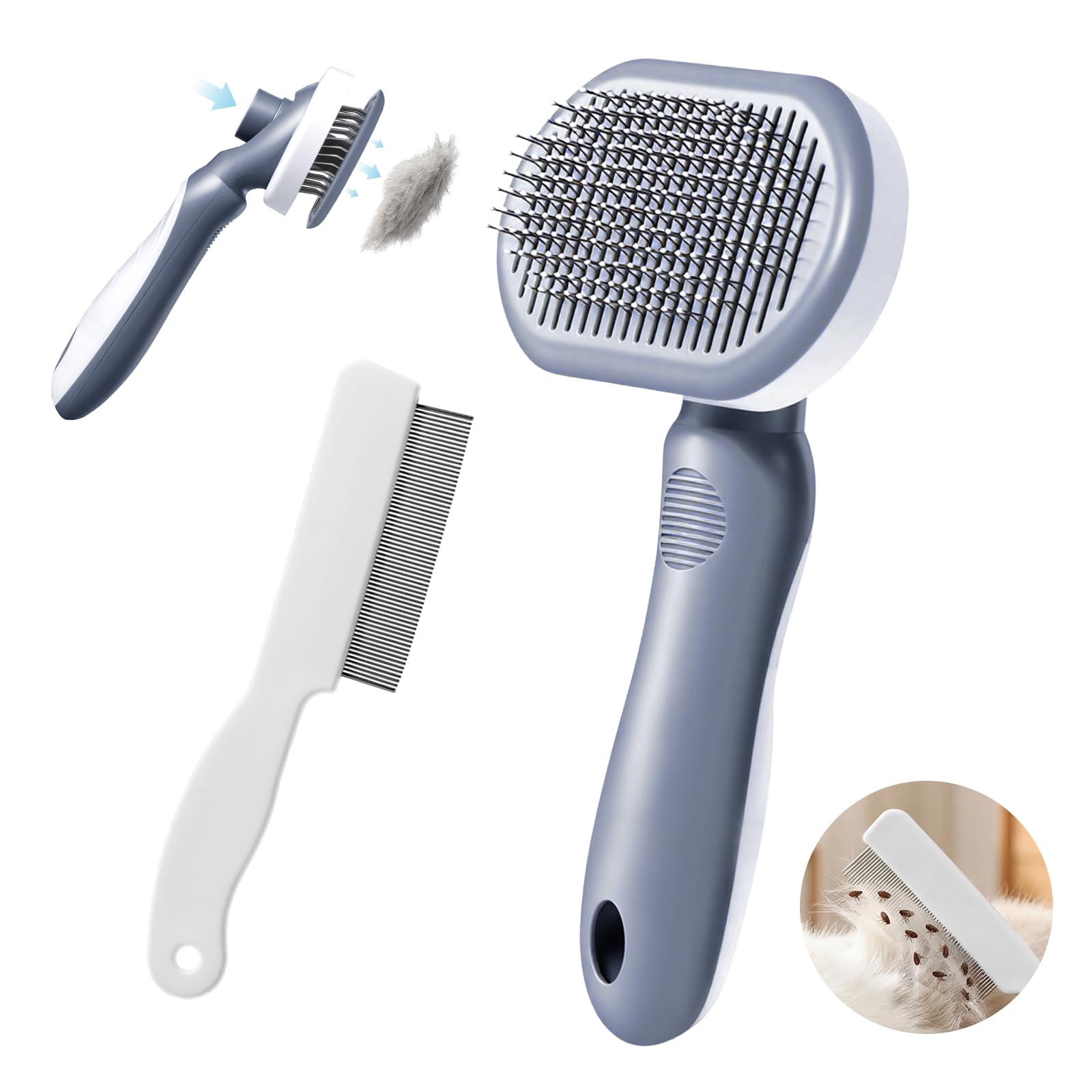 Oderra - Cepillo De Gato Y Perro Con Peine Antipulgas, Kit De Aseo Doble Función, Desenredado, Limpieza De Zonas Sensibles, Expulsión De Pelos En 1 Clic, Mango Antideslizante Y Limpiable