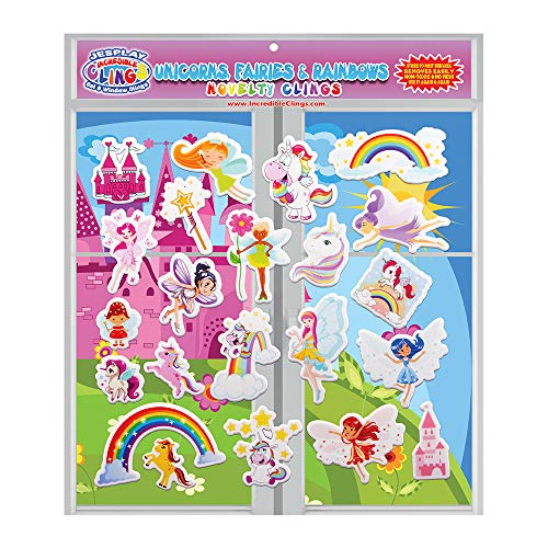 Unicorns, Fairies Princess & Rainbows Window Clings for Kids & Toddlers (by Jesplay USA - Reusable Window Stickers Gels & Decals)- Puffy Sticker Activites for Car Airplane Plane Home Decoration