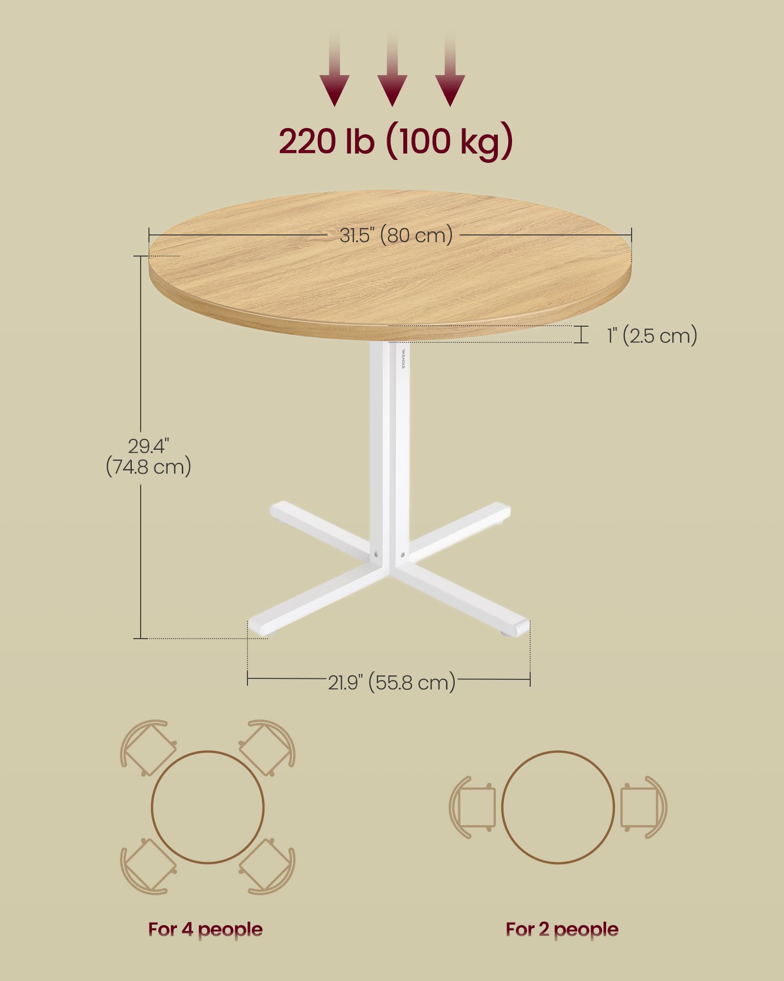 VASAGLE Round Dining Table, Small Kitchen Table for 4 People, Farmhouse Style, Water-Resistant Surface, 80 cm Diameter, 74.8 cm Height, for Dining Room, Living Room, Golden Oak KDT082Y02 — view 3