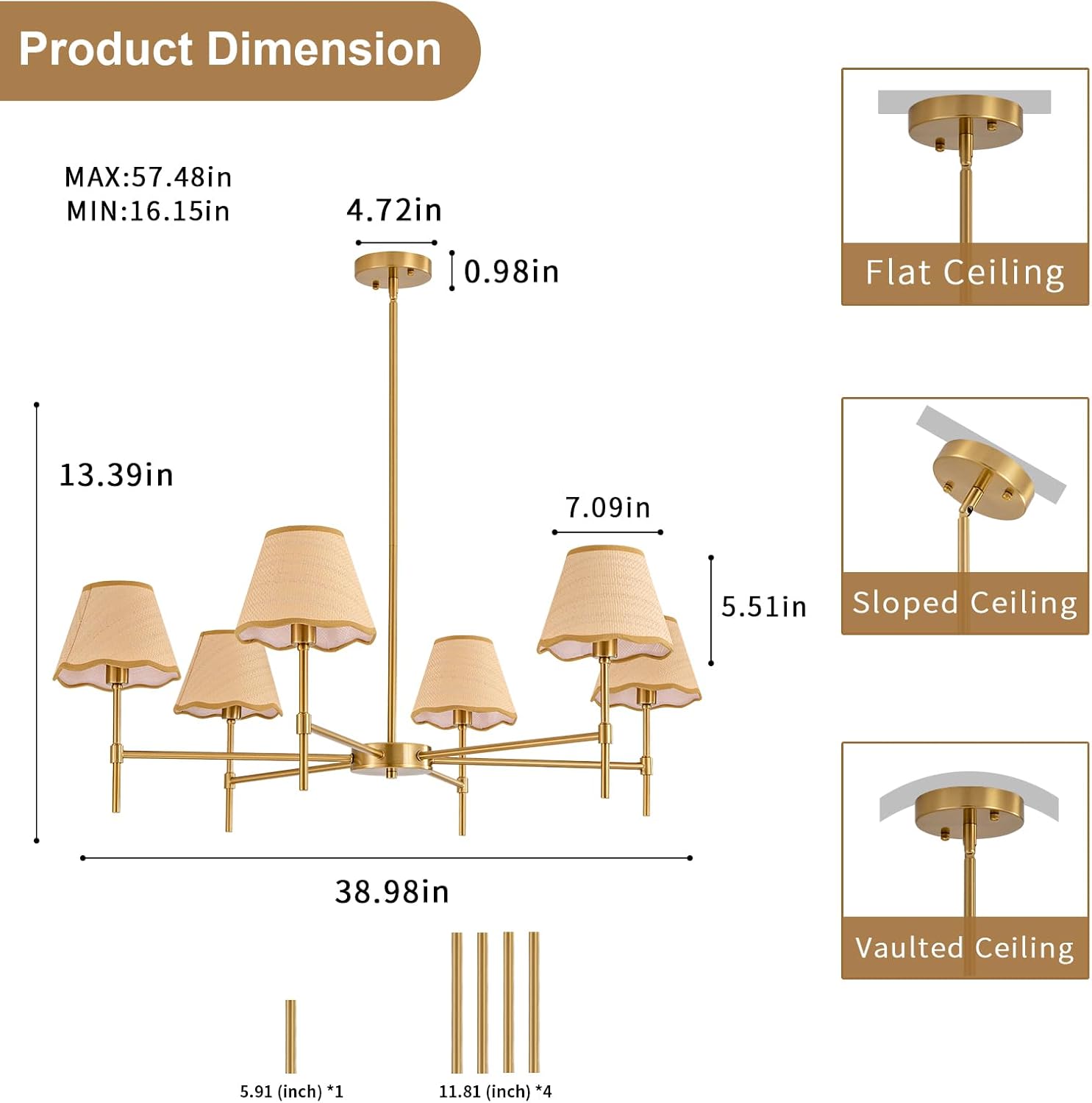 T&A TALENT AND ART 6-Light Rattan Chandelier 38.98" Brush Gold Chandelier Large Boho Farmhouse Wicker Chandeliers with Hand-Woven Lampshade for Kitchen Island Dining Living Room Foyer