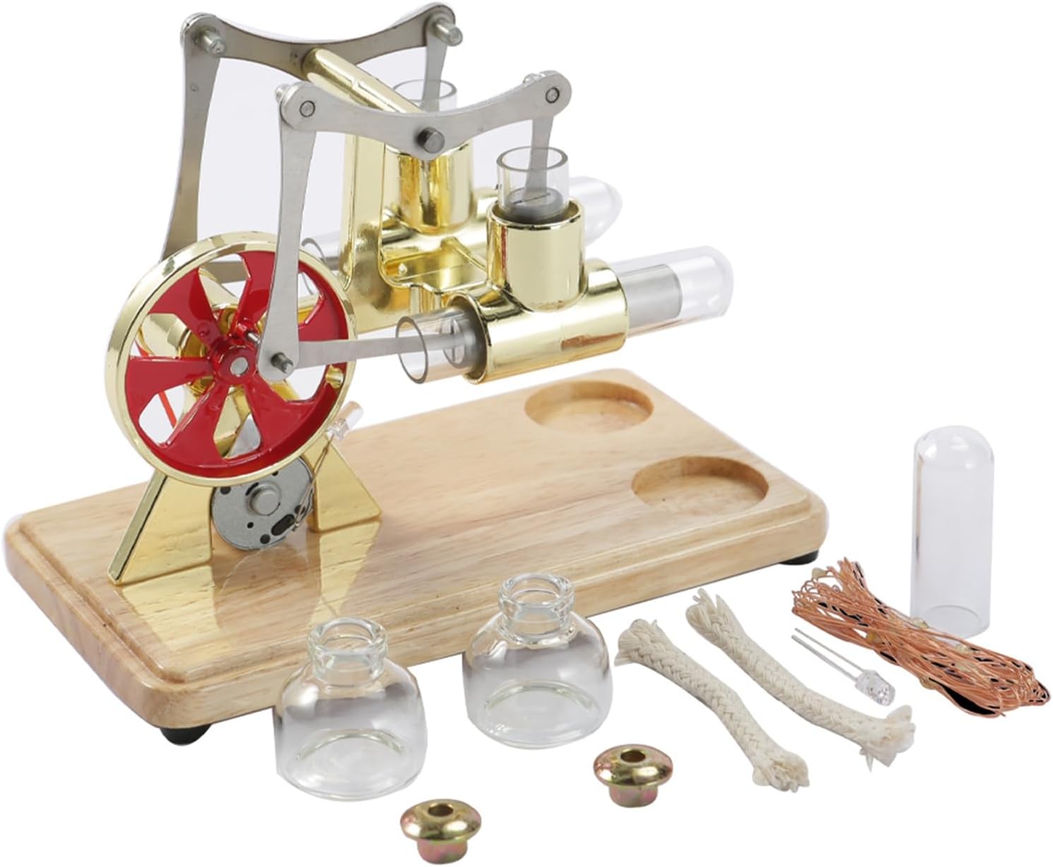 ZJchao Stirling Engine Kit - Twin Cylinder Balance with Oak Baseplate, Drip Craftsmanship for Educational Displays and Children Entertainment (Gold)