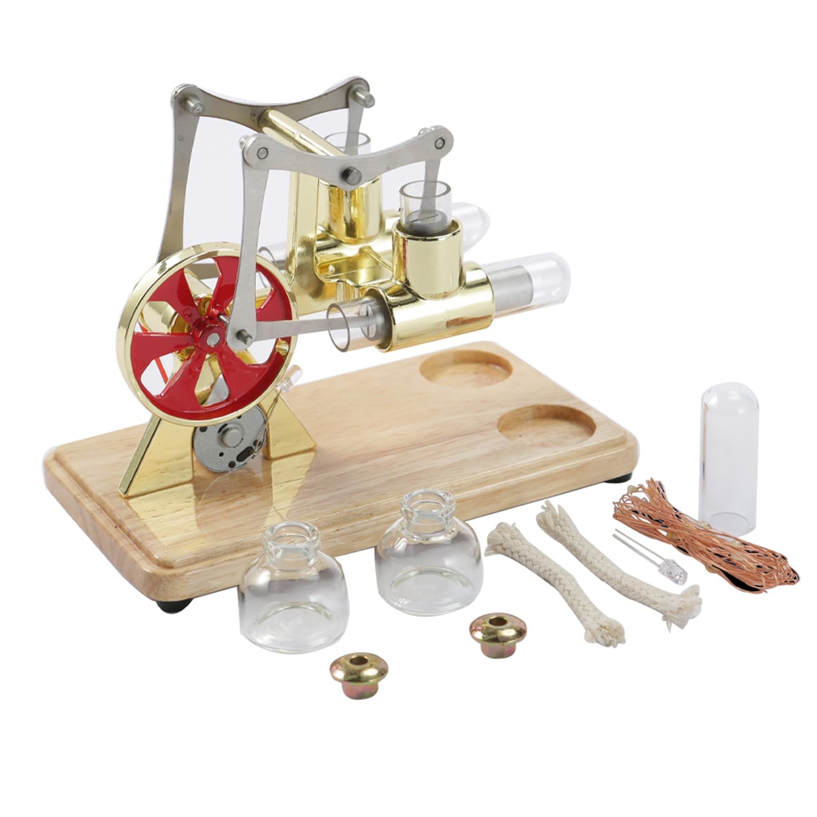 ZJchao Motore Stirling, Kit Motore a Vapore Bilancia Bicilindrica con Base in Rovere e Lavorazione a Goccia per Esposizioni Educative e Intrattenimento per Bambini (Gold)