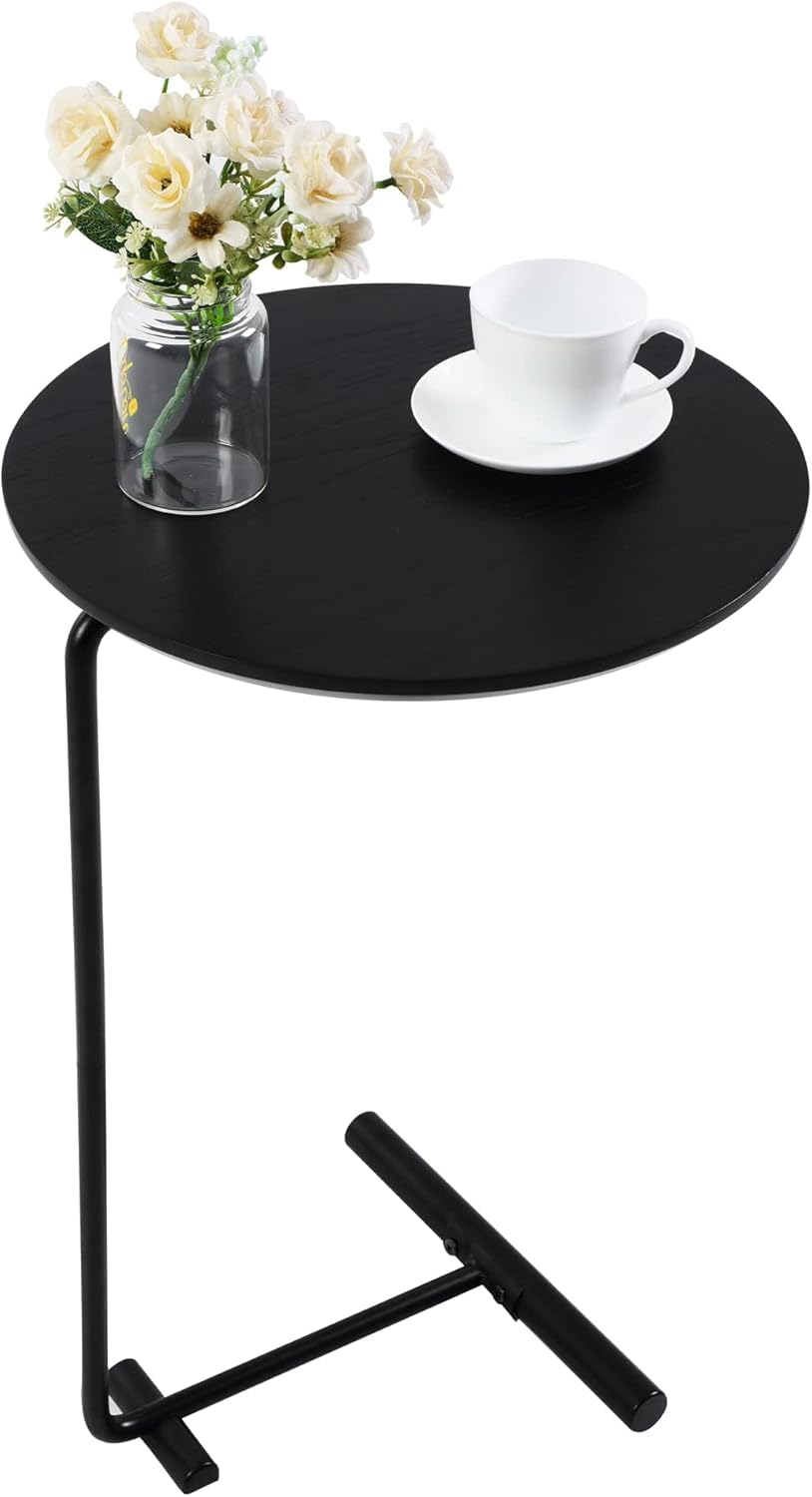 PHOENANCEE Side Table for Couch,C Shaped End Table Slide Under Sofa for Living Room Bedroom Small Space,Laptop Snack Coffee Tables Wood,Rustic Round Tabletop with Solid Iron Frame,Black Round Black