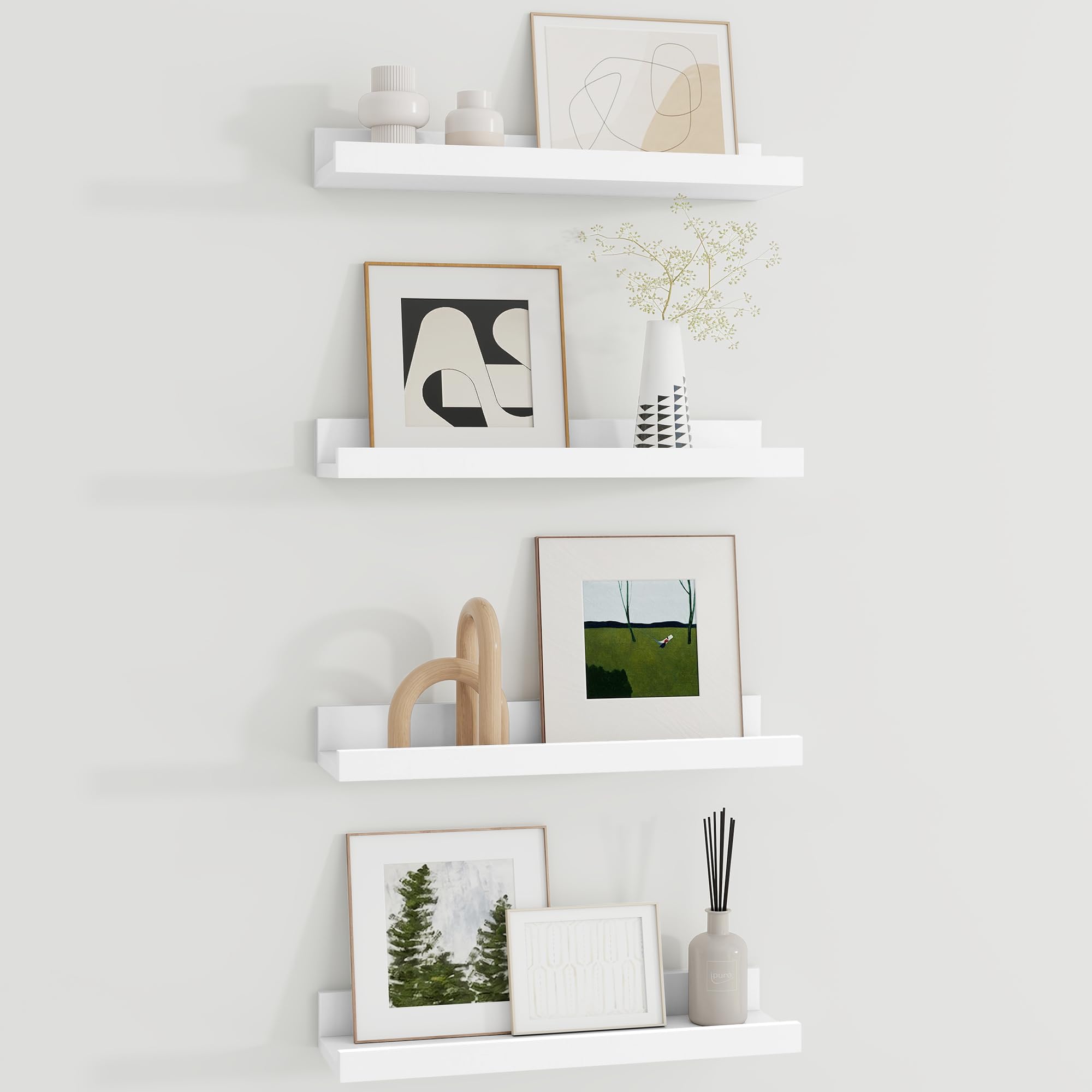 Floating Shelves Set of 4, 40cm Picture Ledge Shelf, Nursery Shelves with Lip for Storage, Kids Bookshelf Wood Wall Mounted White Shelves for Living Room Bedroom Studies Decor Books Photo Frames