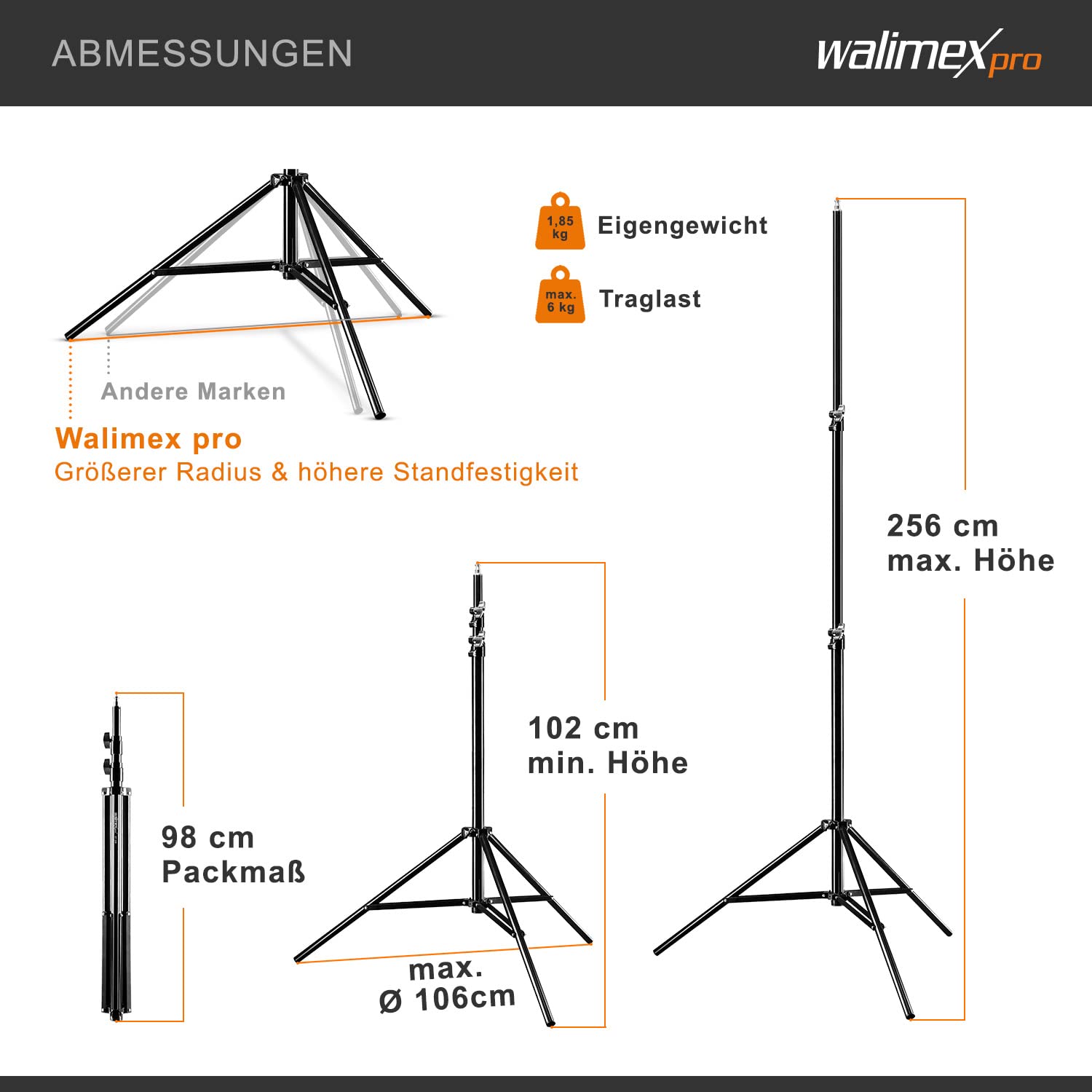 walimex Pro 2X treppiede per lampada WT-806 con ammortizzatore a molla I max. 256 cm I Treppiede per illuminazione stabile in grado di supportare fino a 6 kg