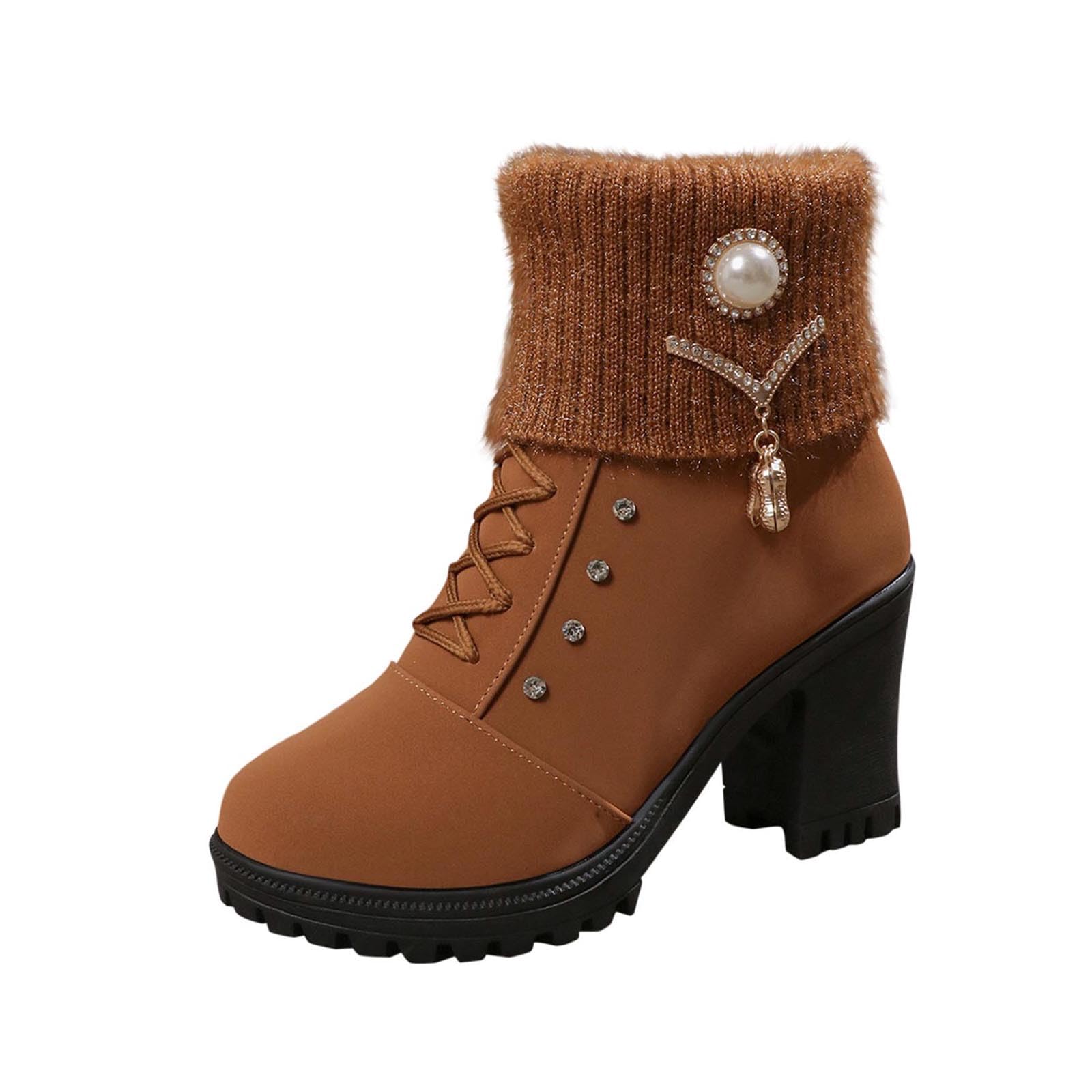 Winter Ankle Boot for Women Chunky Heeled Booties Zipper Warm Boots Round Toe High Heel Bootie Fashion Rhinestone