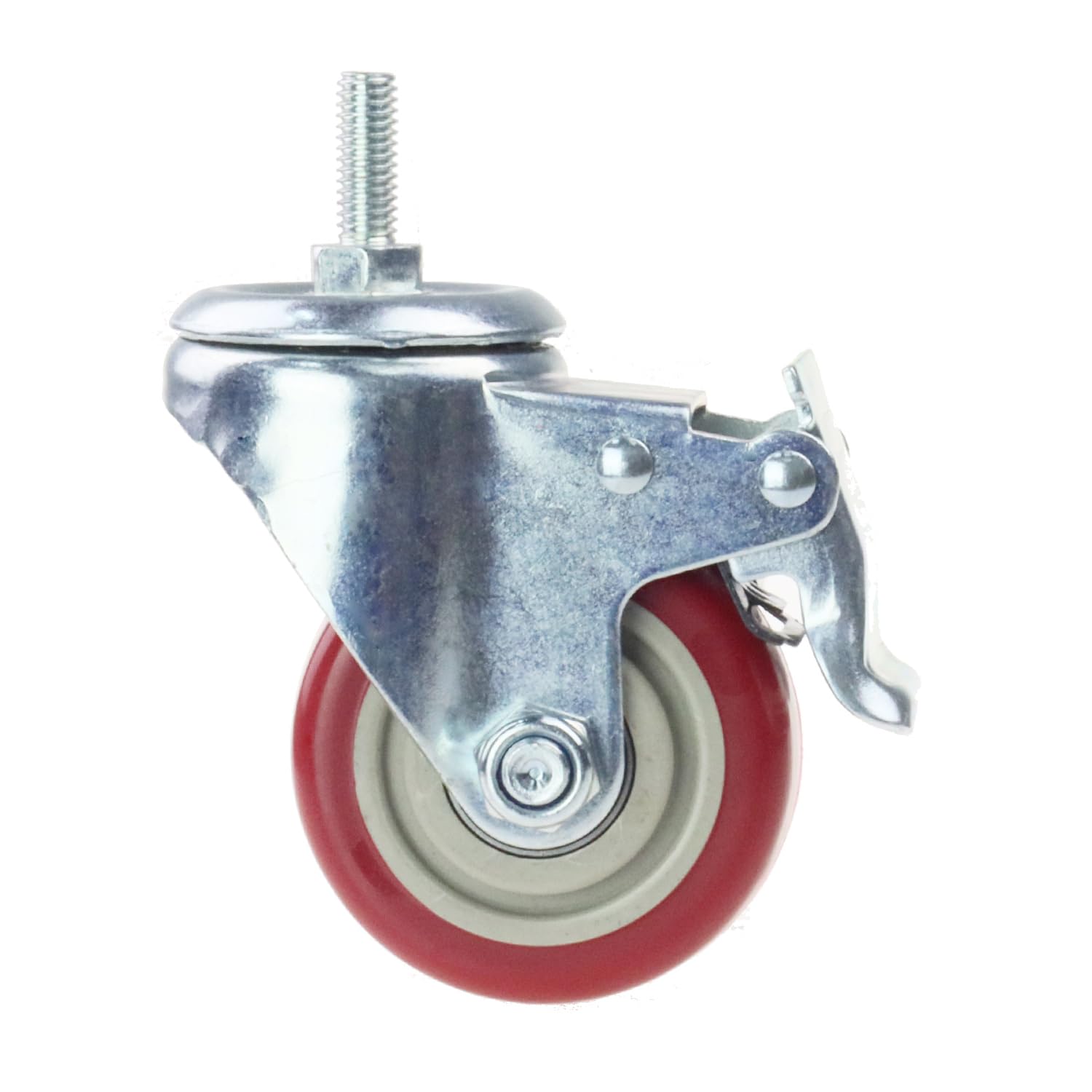 Swivel Stem Casters, Heavy Duty Double-Locking Castors with Red PU Wheels Quiet and No Marking with Metric Thread M10-1.5x25mm Heavy Load Wheels Casters Pack of 4