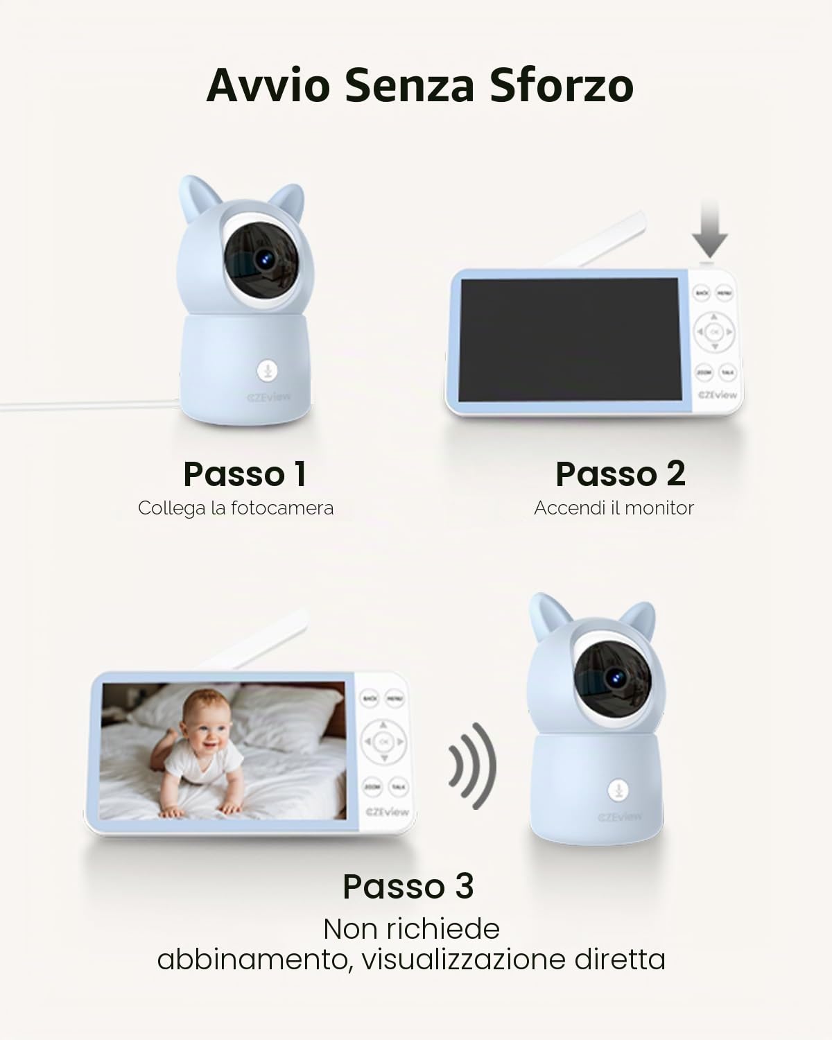 CZEview 5,5" 2.5K Baby Monitor Video e Audio, Luce Notturna & Musica, Telecamera Bambini, Controllo Tramite APP Mobile & Monitor (Blu)